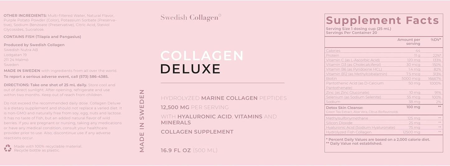 8 Week Supply of Swedish Collagen Deluxe 500ml x 3 - 12500mg Marine Collagen with Hyaluronic Acid, Biotin, Vitamin C - Sugar-Free Formula (Type I & III)