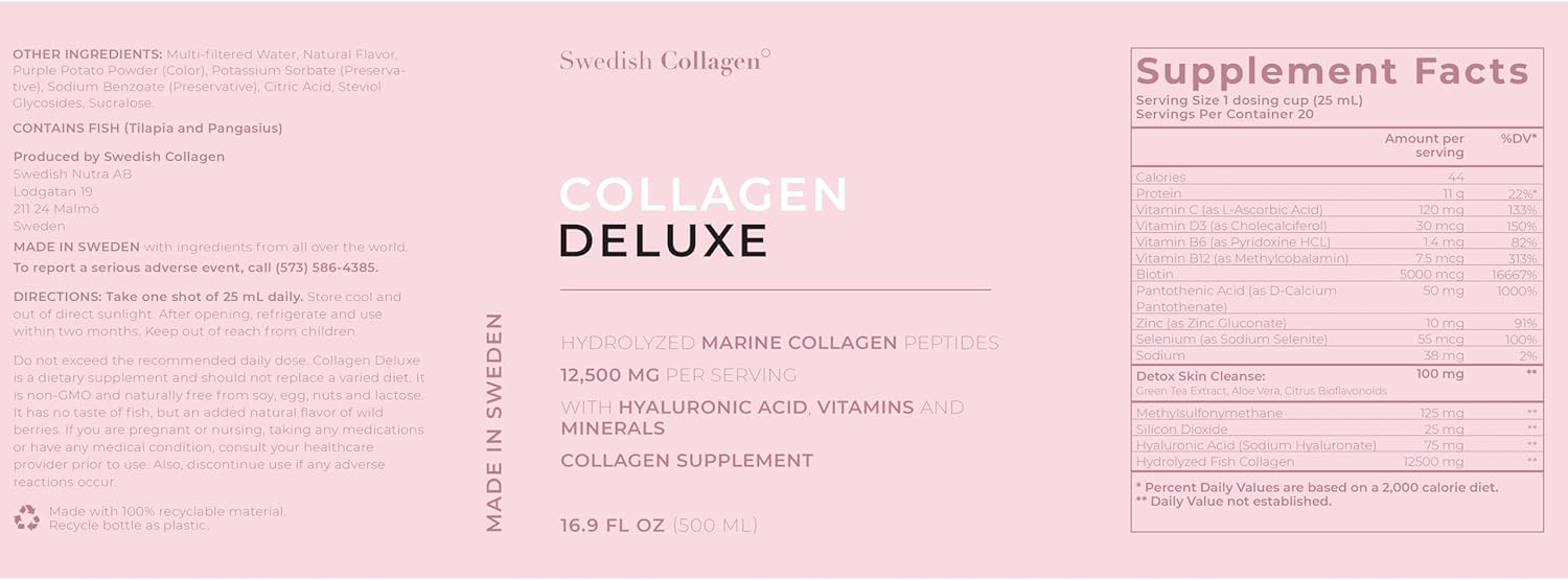 8 Week Supply of Swedish Collagen Deluxe 500ml x 3 - 12500mg Marine Collagen with Hyaluronic Acid, Biotin, Vitamin C - Sugar-Free Formula (Type I & III)