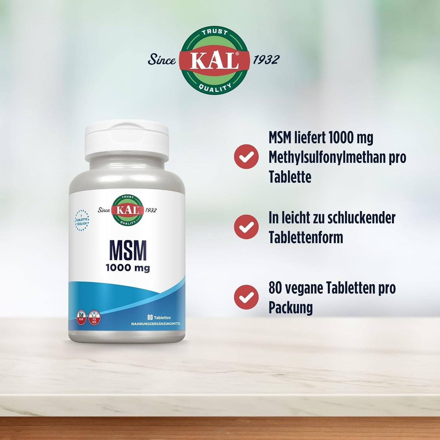 80 Count KAL 1000 Mg MSM Tablets for Joint Health and Mobility