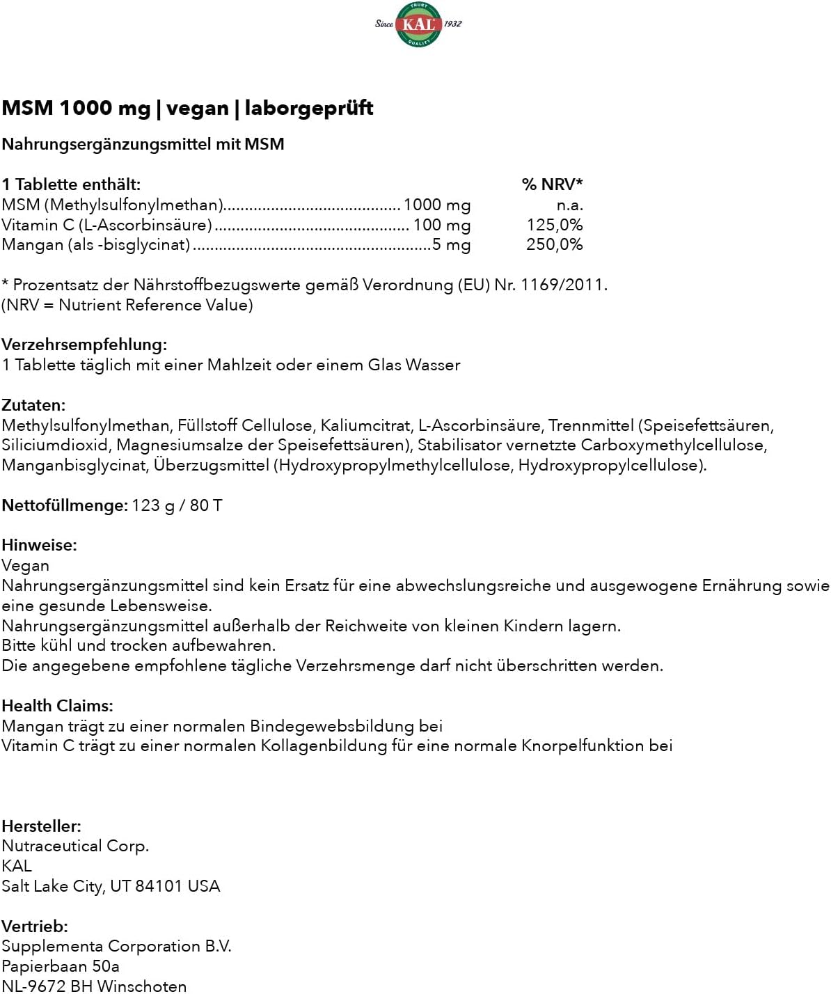 80 Count KAL 1000 Mg MSM Tablets for Joint Health and Mobility
