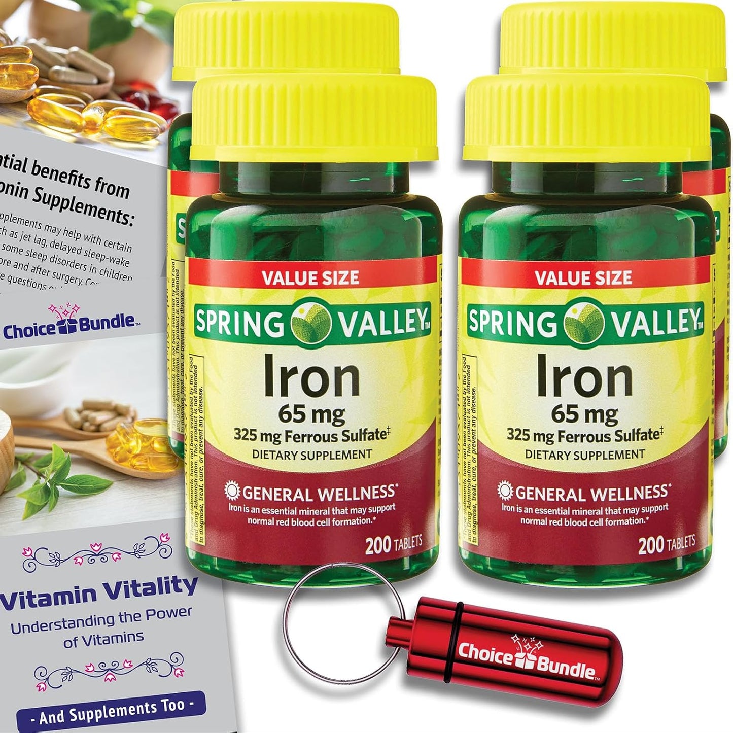 800 Count Spring Valley Iron Tablets Dietary Supplement Value Bundle with Vitamin Vitality Guide & Pill Container - 65 mg 200 CT 4 Pack Choice