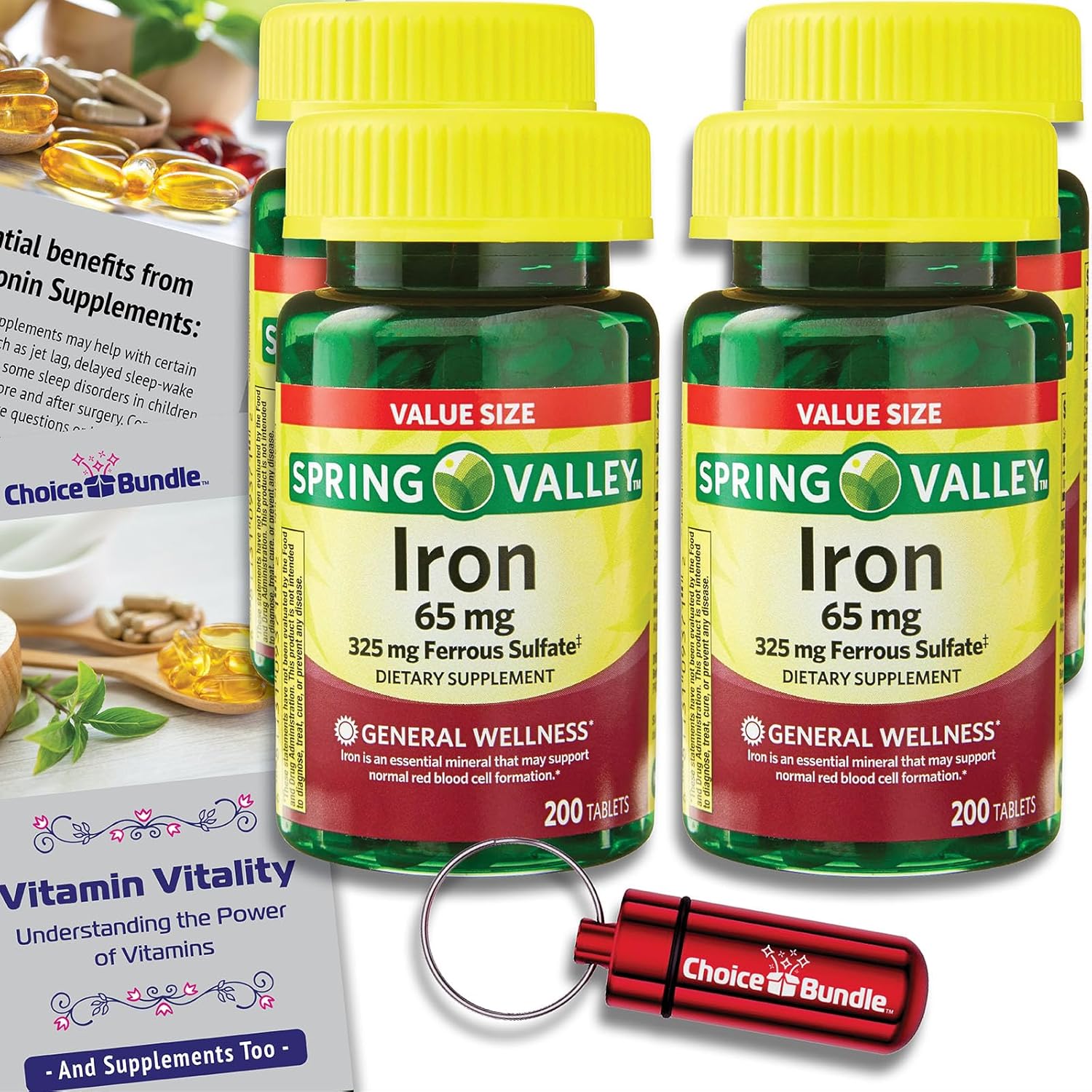 800 Count Spring Valley Iron Tablets Dietary Supplement Value Bundle with Vitamin Vitality Guide & Pill Container - 65 mg 200 CT 4 Pack Choice