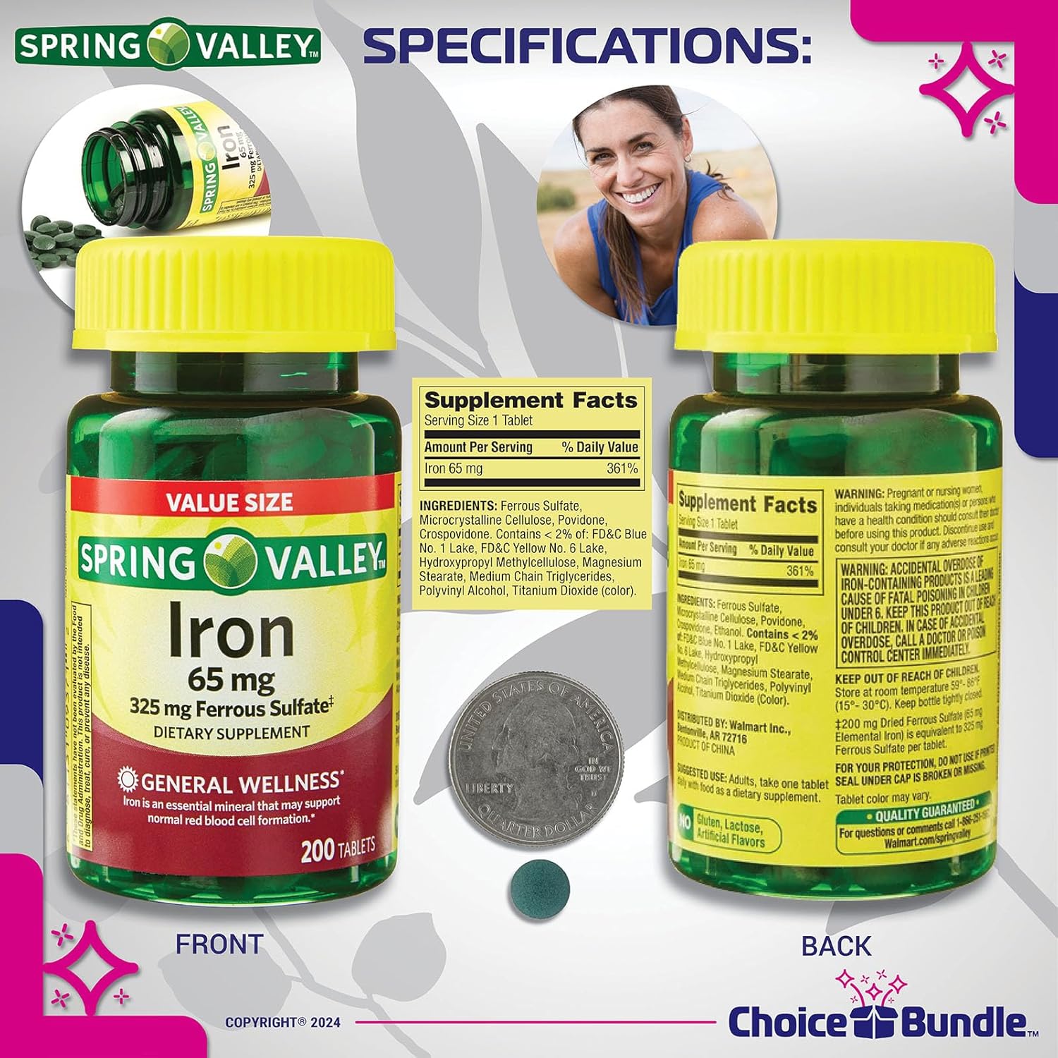 800 Count Spring Valley Iron Tablets Dietary Supplement Value Bundle with Vitamin Vitality Guide & Pill Container - 65 mg 200 CT 4 Pack Choice