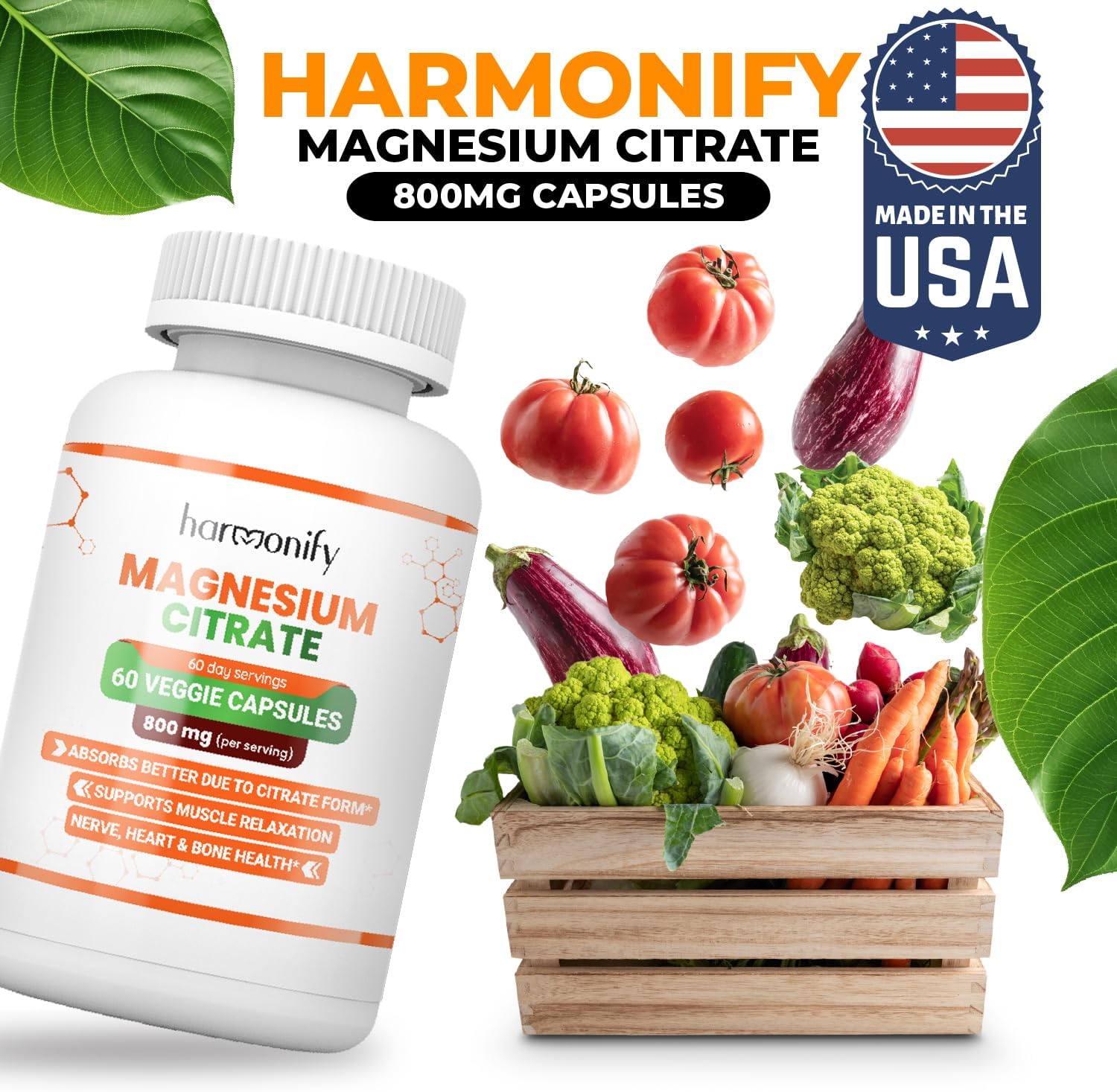 800 mg Magnesium Citrate Supplement for Muscle & Sleep Support - Enhanced Absorption, Gluten Free & Vegan Formula - 60 Vegetarian Capsules