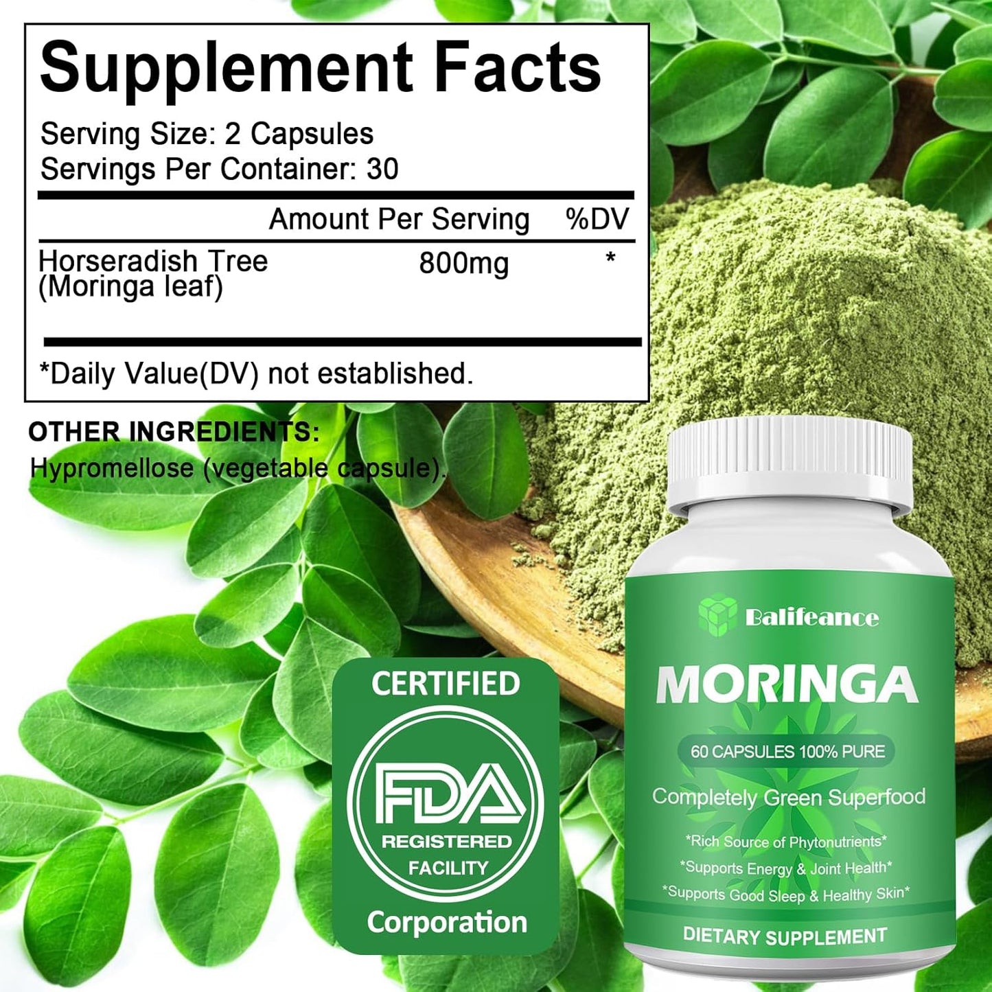 800mg Balifeance Moringa Capsules for Energy, Skin & Gut Health - Antioxidant Superfood with Vitamins & Amino Acids for Men & Women