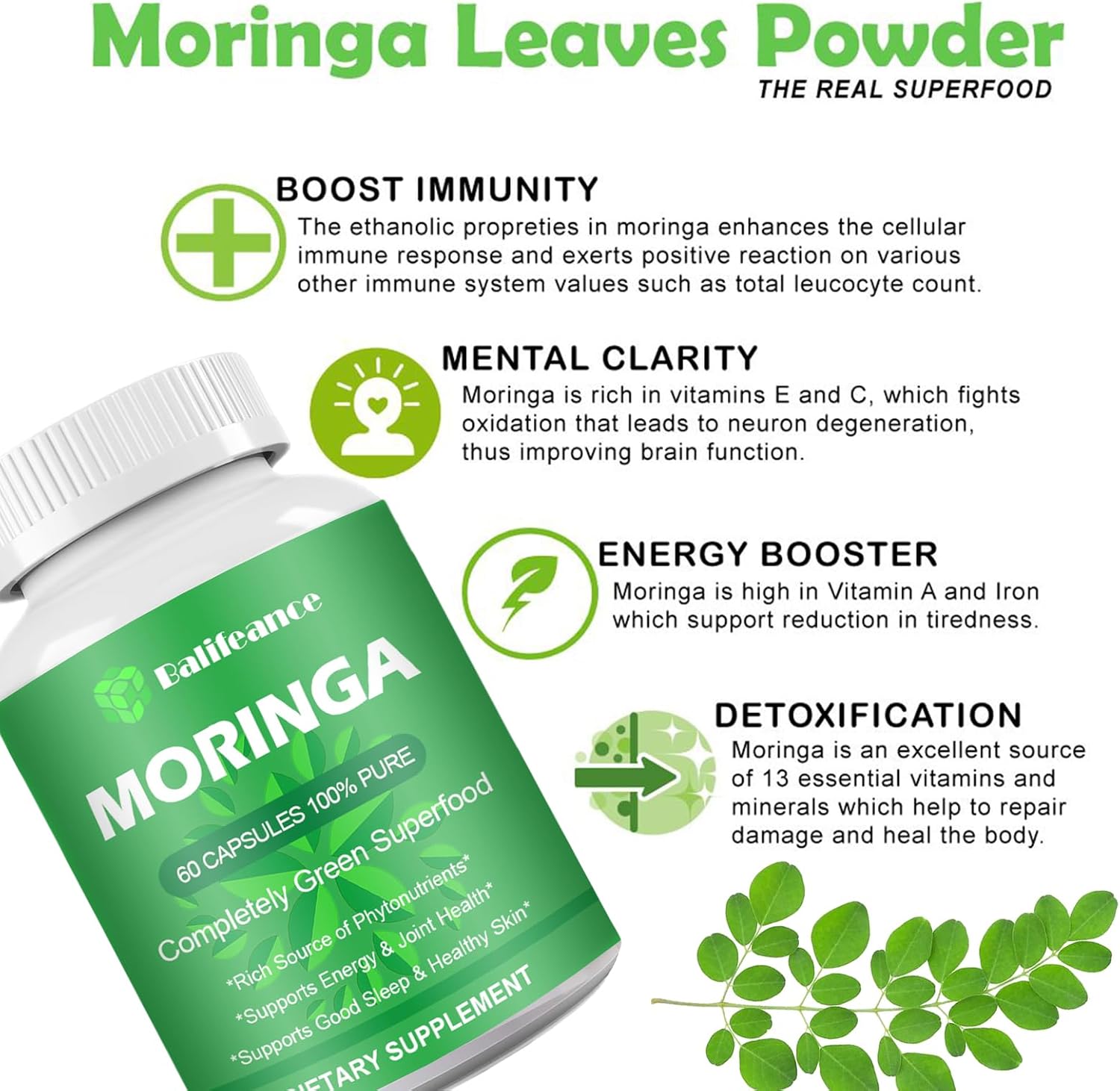 800mg Balifeance Moringa Capsules for Energy, Skin & Gut Health - Antioxidant Superfood with Vitamins & Amino Acids for Men & Women