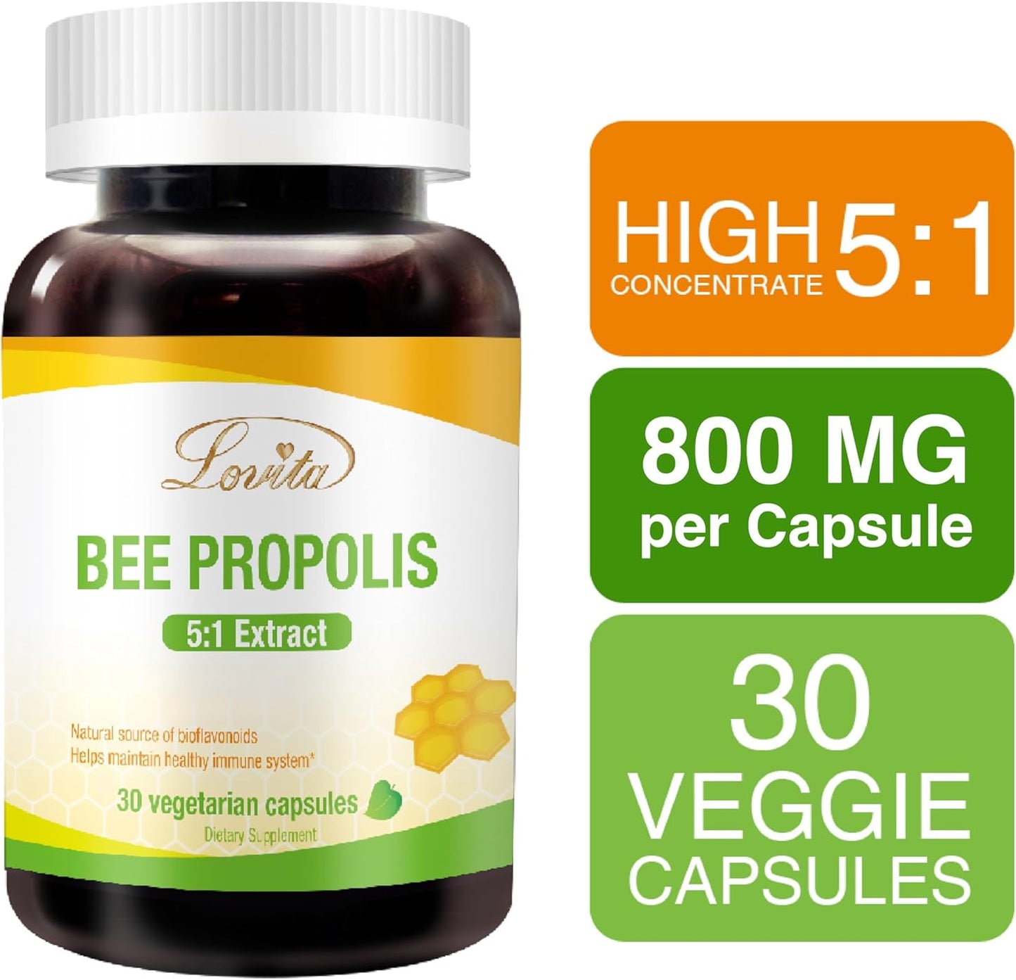 800mg Lovita Propolis Capsules - 5:1 Concentration - Natural Extract - 30 Vegetarian Capsules