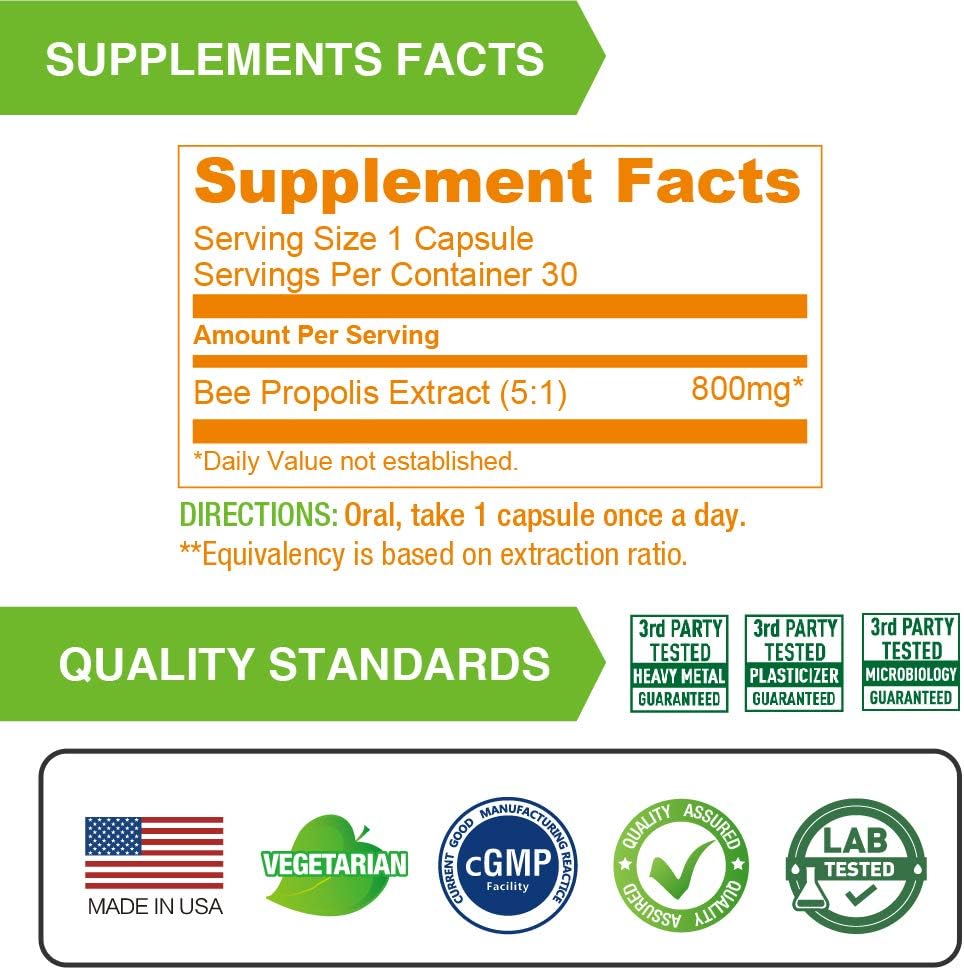 800mg Lovita Propolis Capsules - 5:1 Concentration - Natural Extract - 30 Vegetarian Capsules