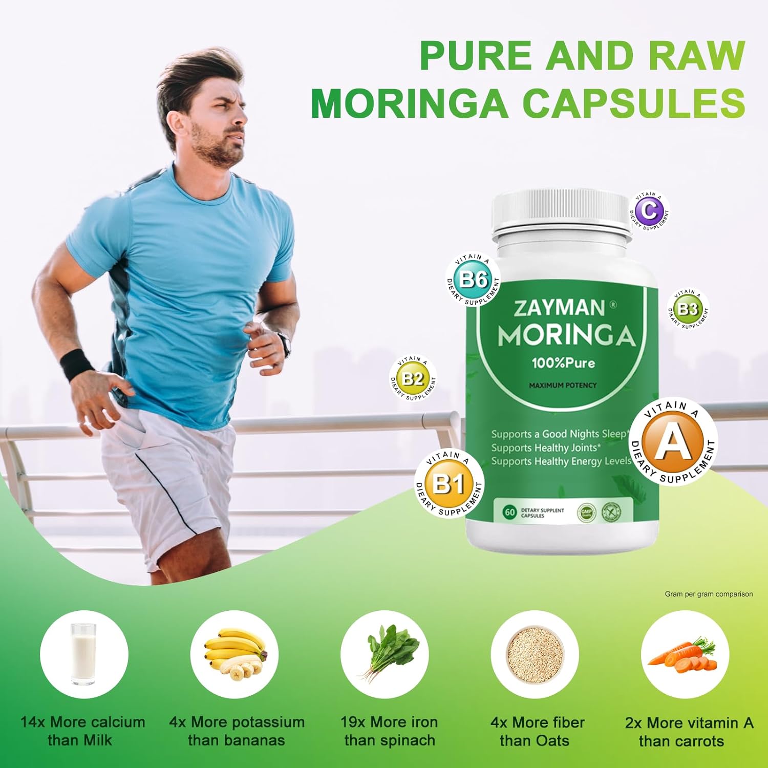 800mg Pure Moringa Powder Capsules - Superfood Supplement for Energy, Skin & Gut Health - Vegan Multivitamin