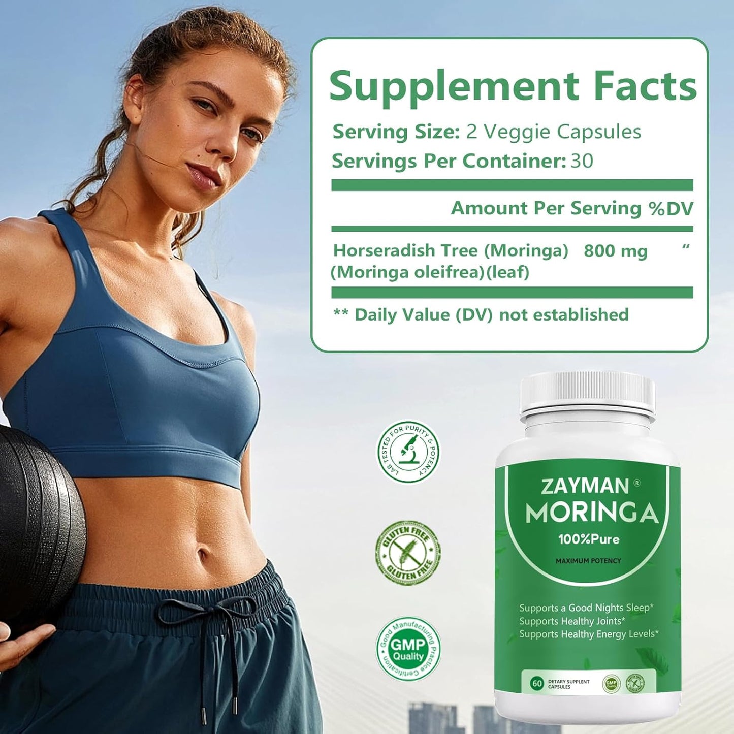 800mg Pure Moringa Powder Capsules - Superfood Supplement for Energy, Skin & Gut Health - Vegan Multivitamin