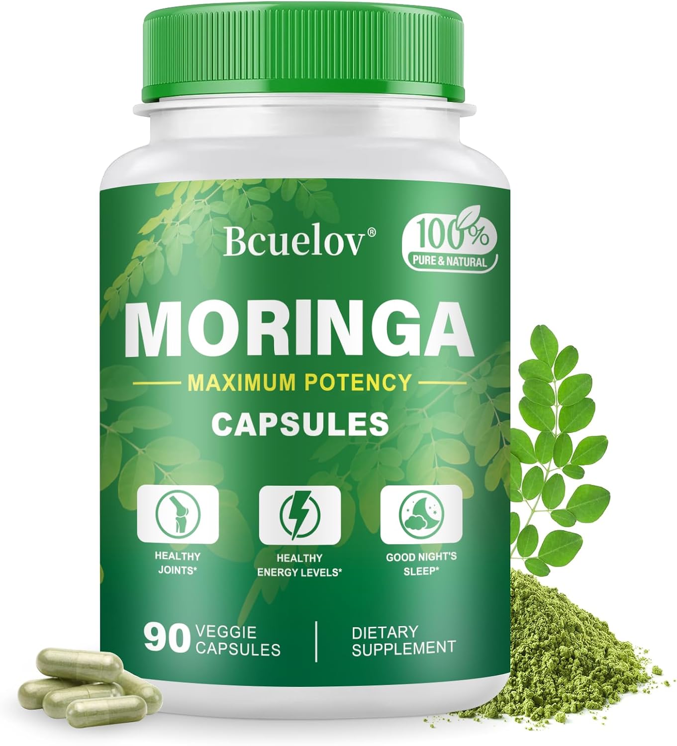 800mg Pure Moringa Powder Capsules - Supports Energy, Immune System, Gut Health - Green Superfood with Vitamins & Amino Acids - 90 Capsules
