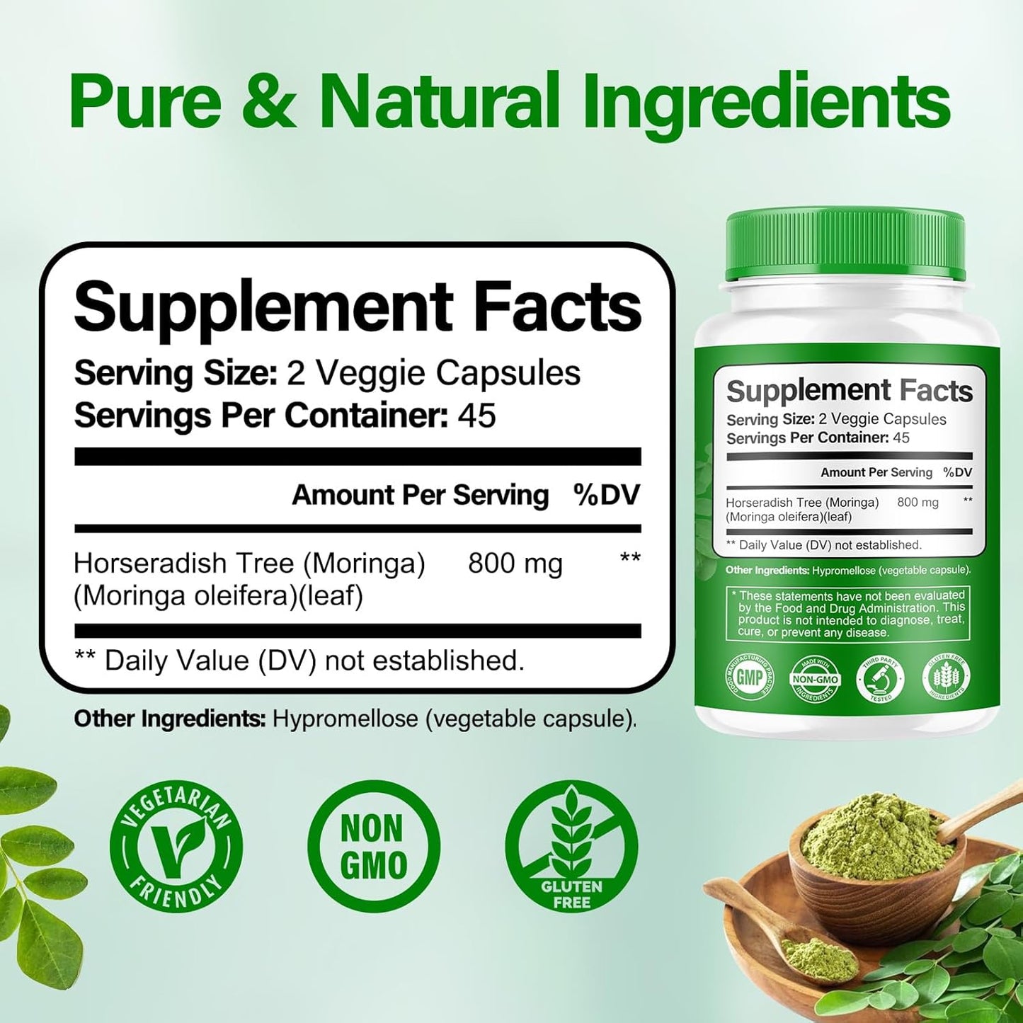 800mg Pure Moringa Powder Capsules - Supports Energy, Immune System, Gut Health - Green Superfood with Vitamins & Amino Acids - 90 Capsules