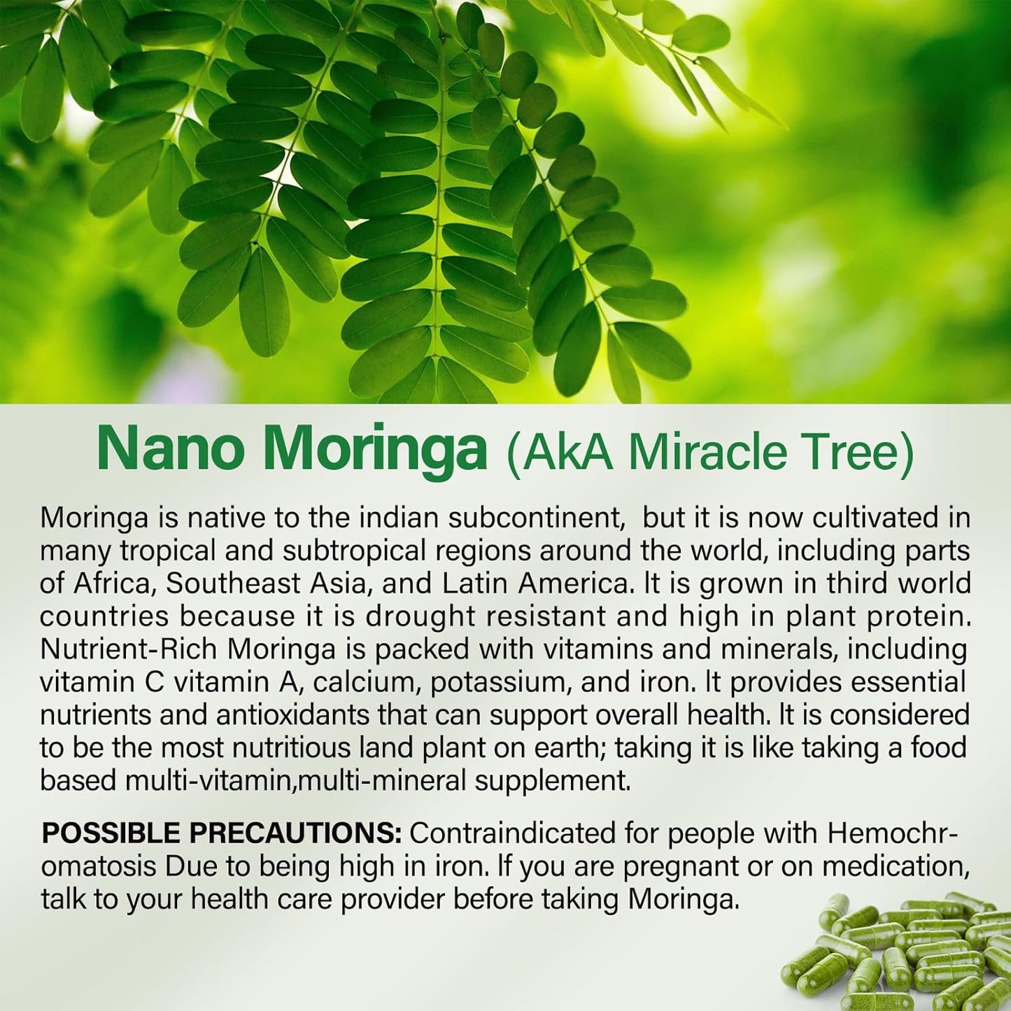800mg Pure Moringa Powder Capsules - Supports Energy, Immune System, Gut Health - Green Superfood with Vitamins & Amino Acids - 90 Capsules
