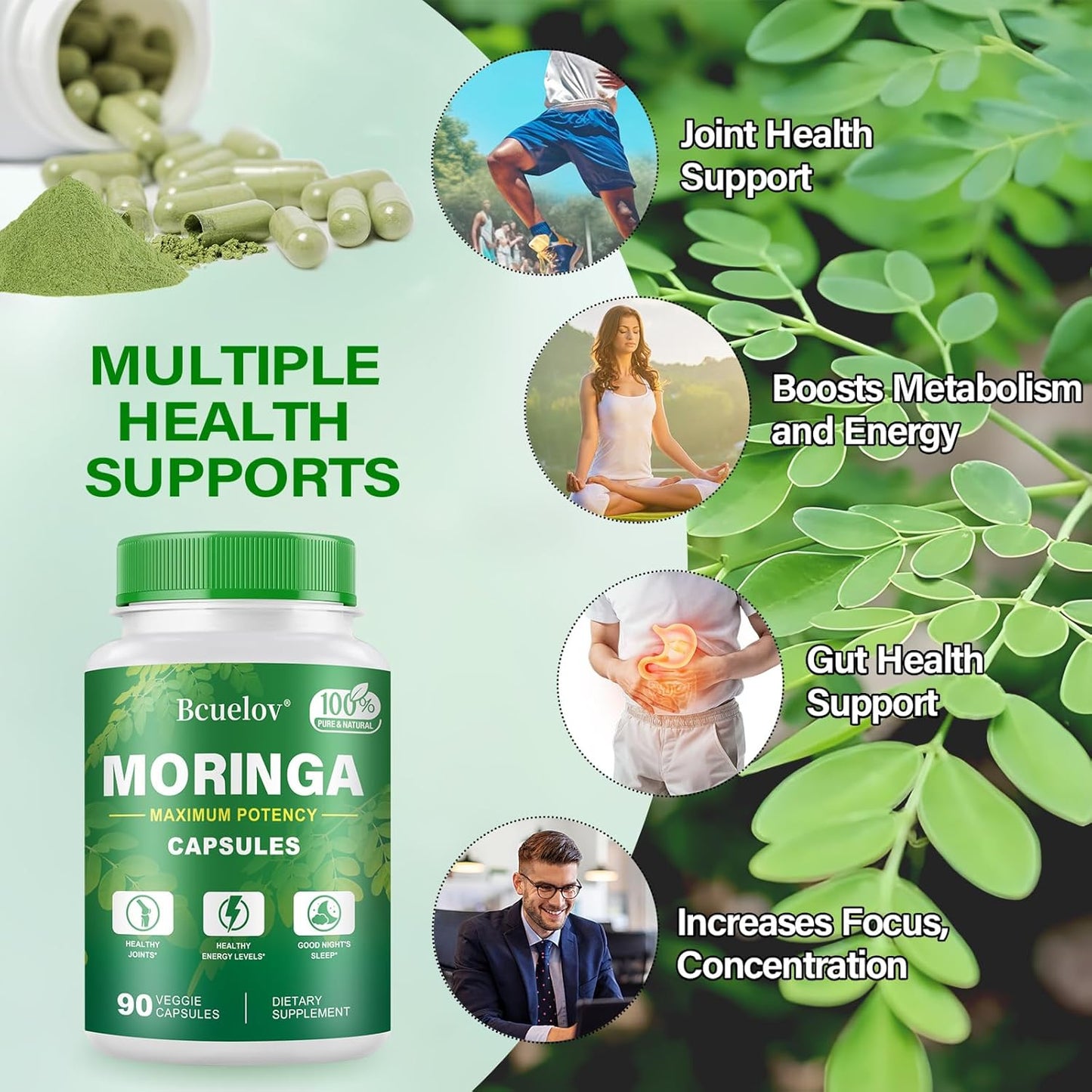 800mg Pure Moringa Powder Capsules - Supports Energy, Immune System, Gut Health - Green Superfood with Vitamins & Amino Acids - 90 Capsules