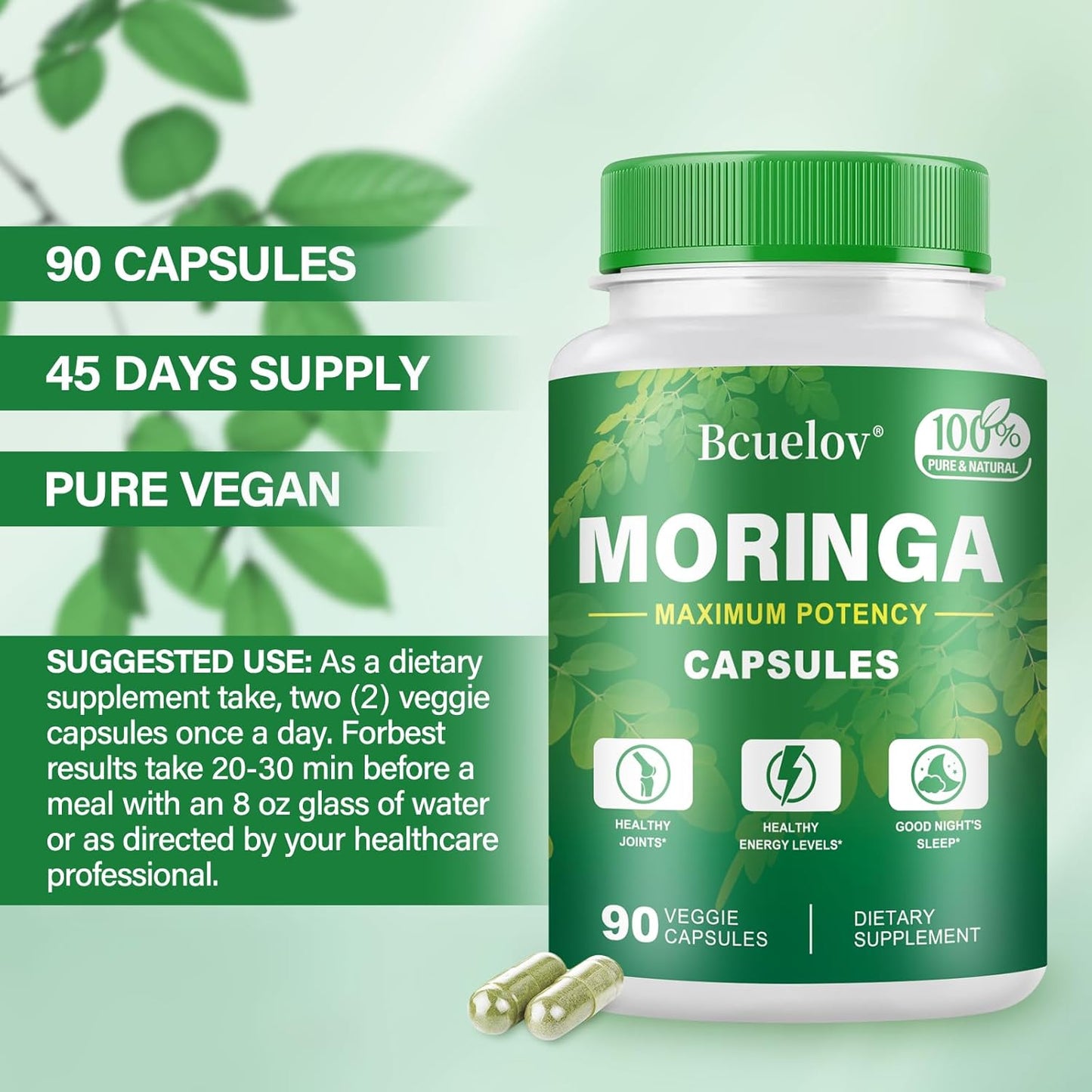 800mg Pure Moringa Powder Capsules - Supports Energy, Immune System, Gut Health - Green Superfood with Vitamins & Amino Acids - 90 Capsules