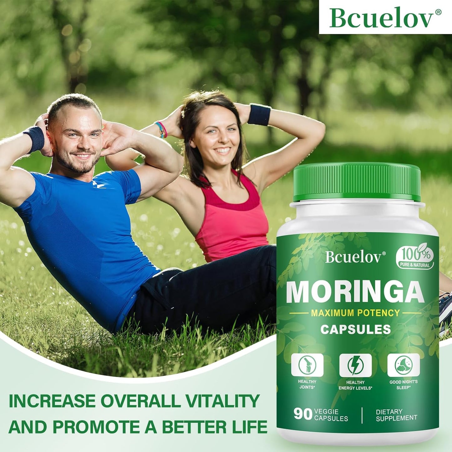 800mg Pure Moringa Powder Capsules - Supports Energy, Immune System, Gut Health - Green Superfood with Vitamins & Amino Acids - 90 Capsules