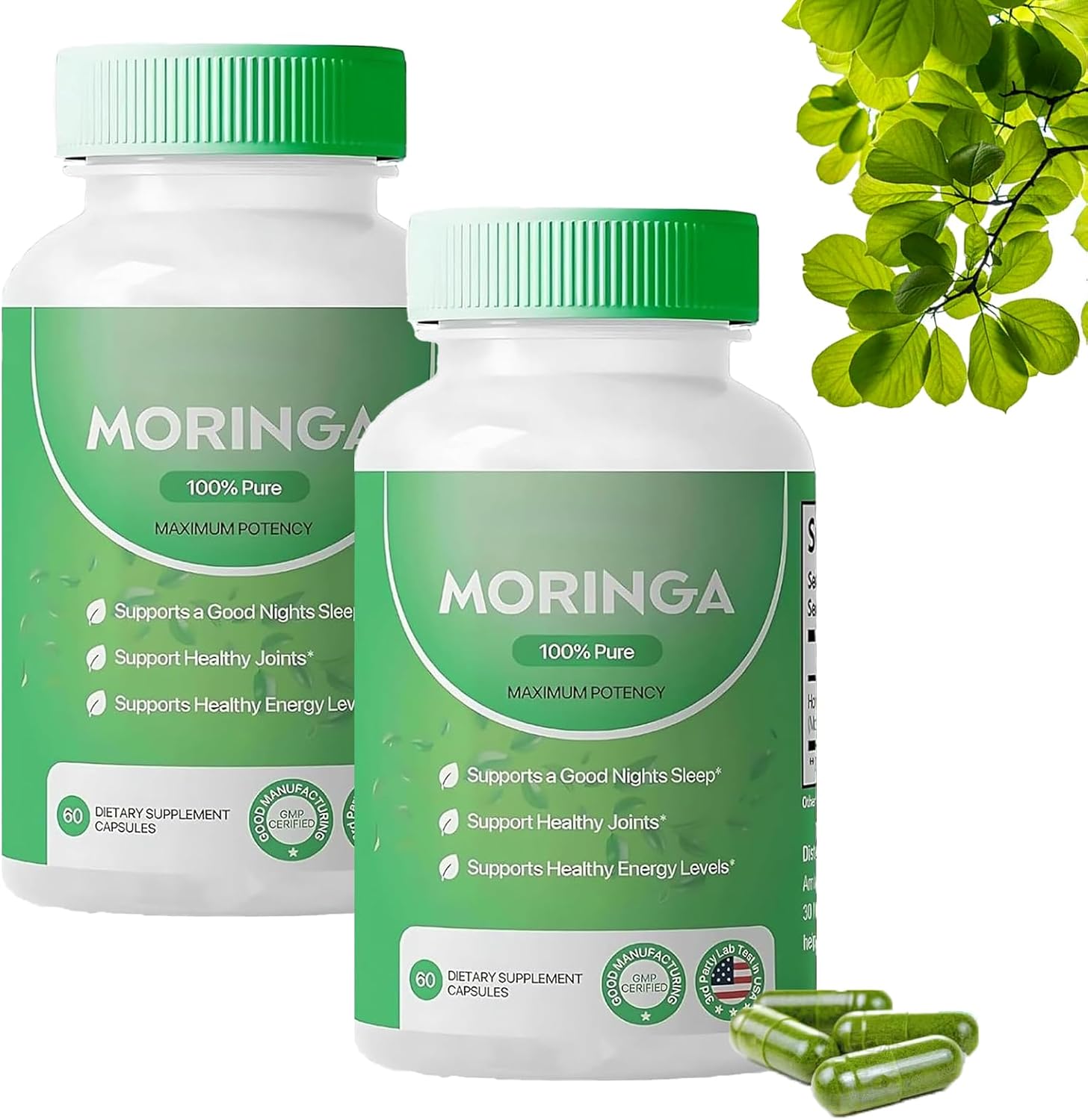 800mg Pure Moringa Powder Capsules for Energy and Gut Health - Pack of 2