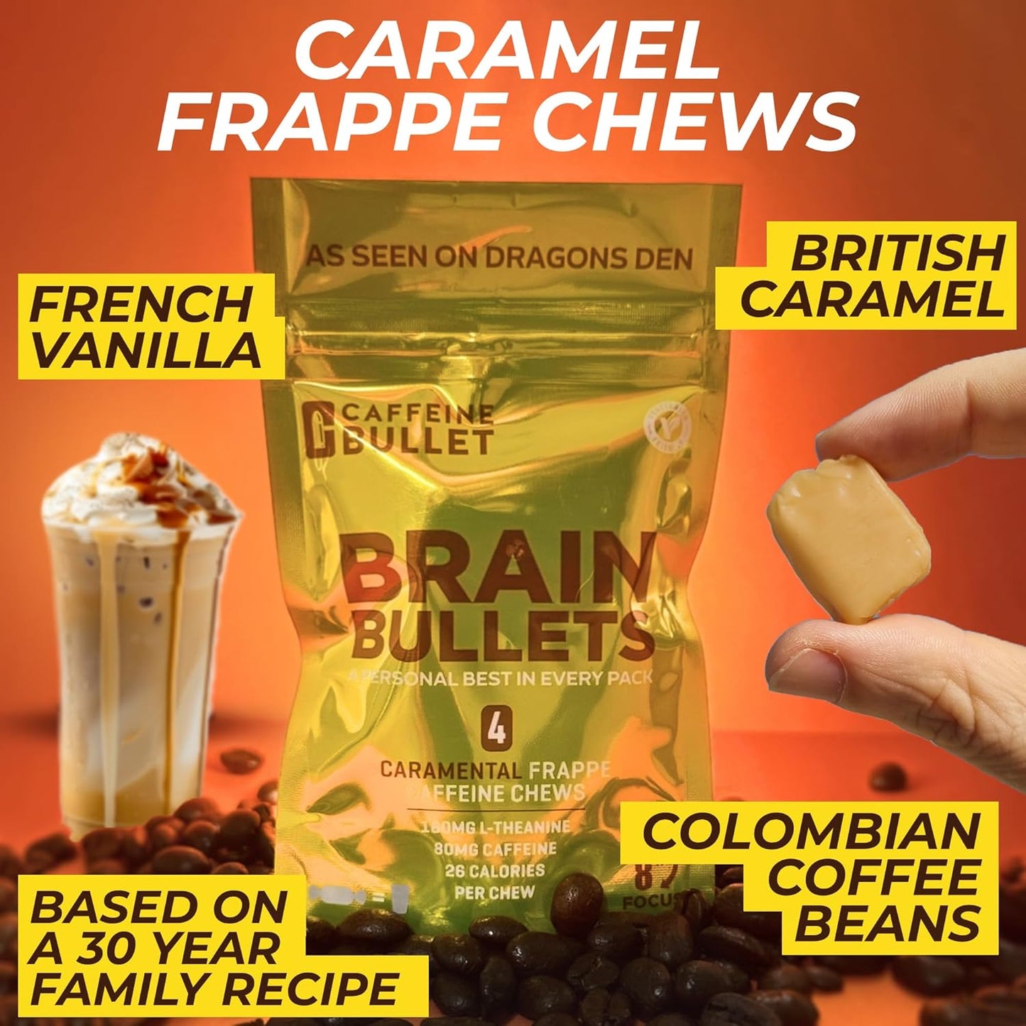 80mg Caffeine & 160mg L-Theanine Energy Chews for Focus & Cognitive Support - Nootropic Stack with Neuroscience Backing | Caramel Frappe Flavor