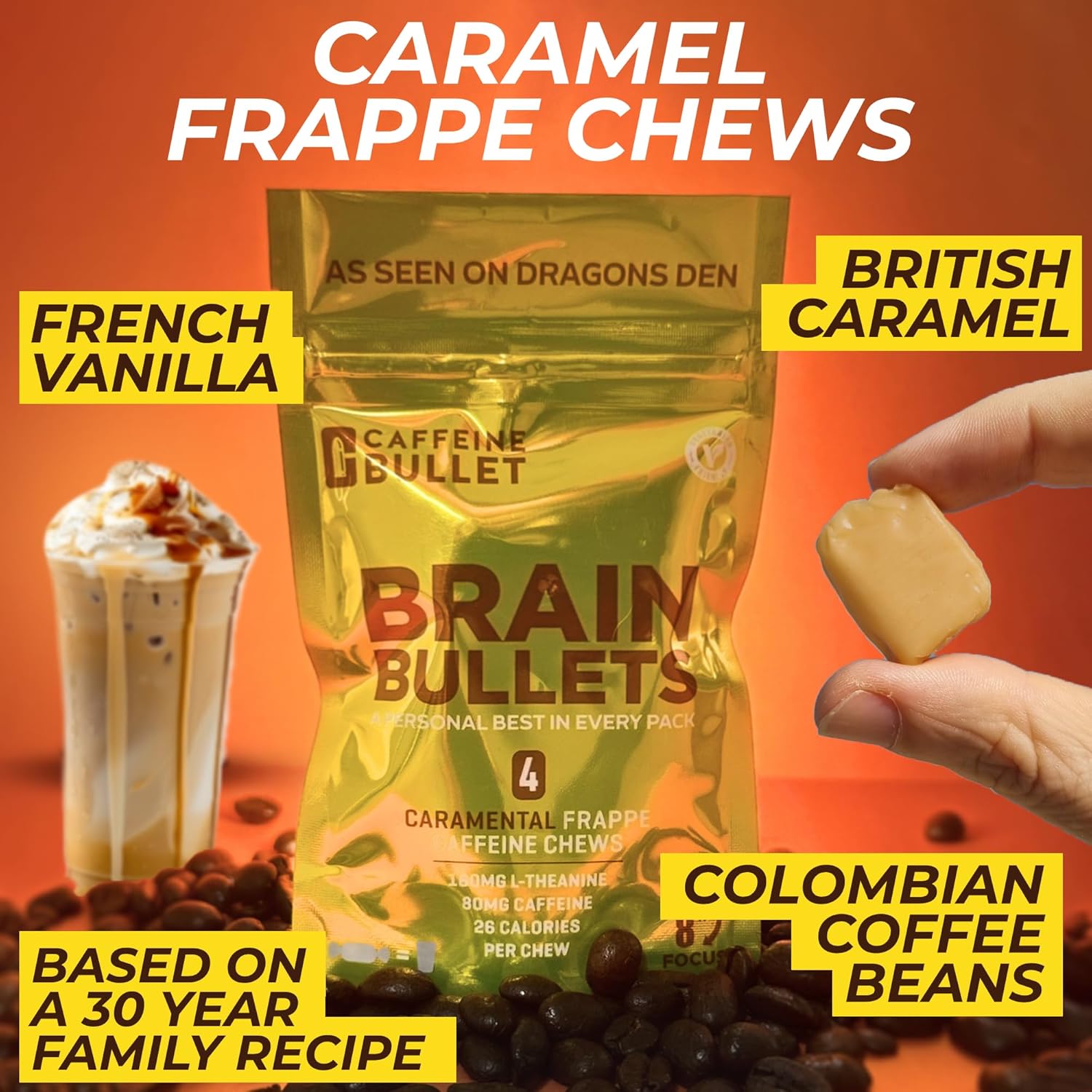 80mg Caffeine & 160mg L-Theanine Energy Chews for Focus & Cognitive Support - Nootropic Stack with Neuroscience Backing | Caramel Frappe Flavor