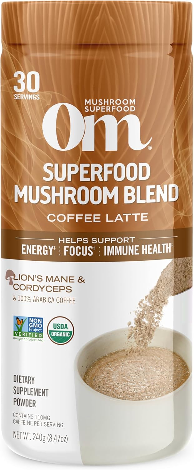 8.47 oz OM Mushroom Superfood Coffee Latte Blend Powder - Lion's Mane, Cordyceps, Reishi, Chaga - Energy & Mental Clarity Support - 30 Servings