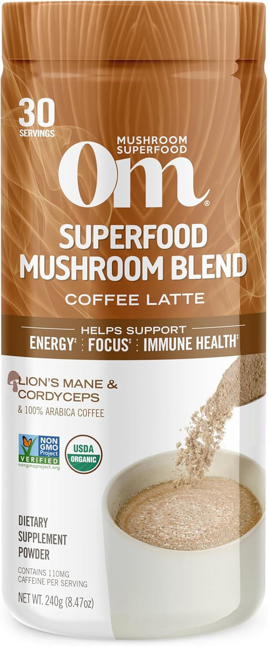8.47 oz OM Mushroom Superfood Coffee Latte Blend Powder - Lion's Mane, Cordyceps, Reishi, Chaga - Energy & Mental Clarity Support - 30 Servings