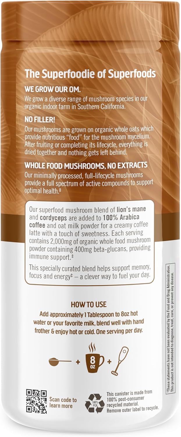 8.47 oz OM Mushroom Superfood Coffee Latte Blend Powder - Lion's Mane, Cordyceps, Reishi, Chaga - Energy & Mental Clarity Support - 30 Servings