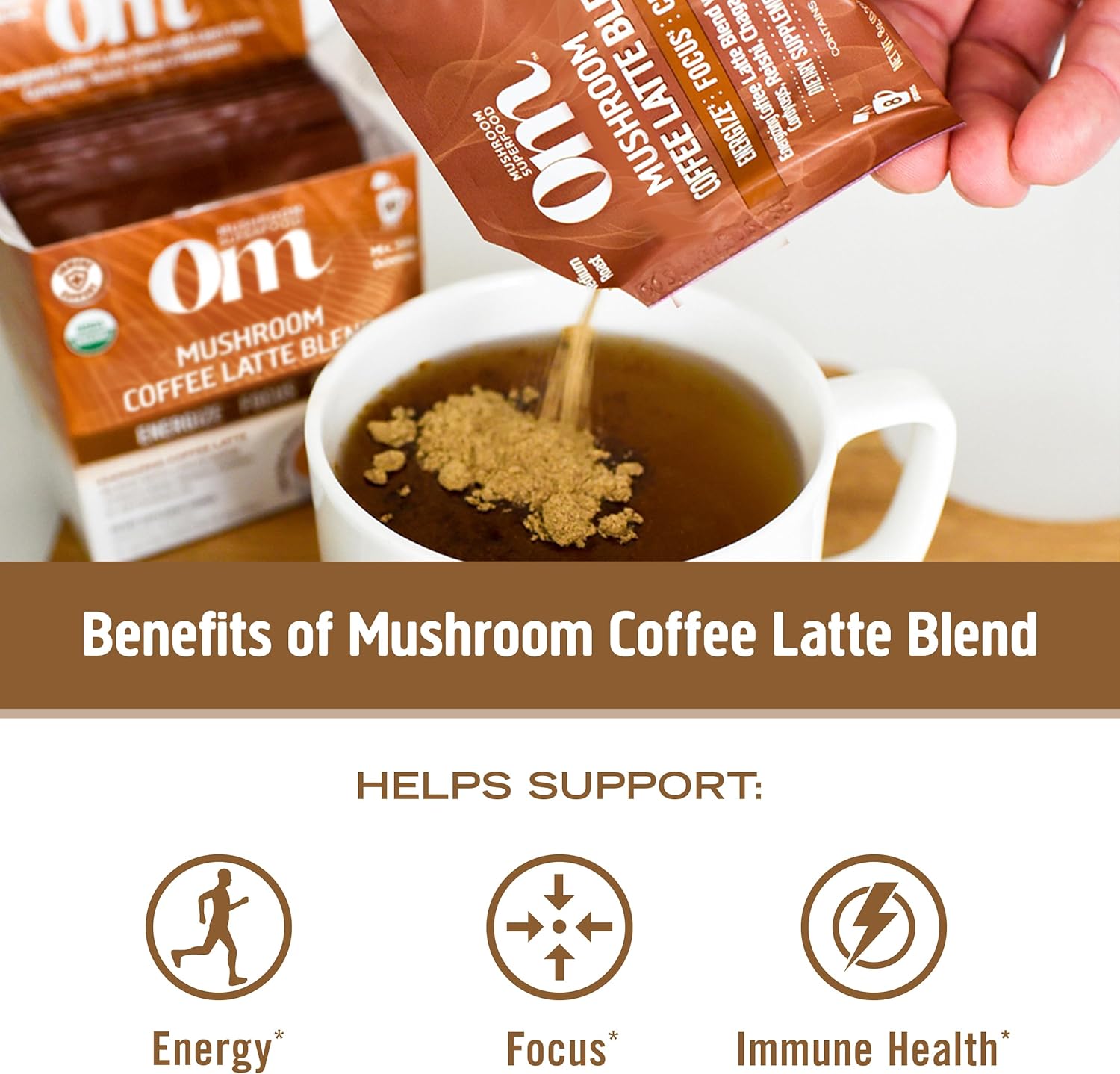 8.47 oz OM Mushroom Superfood Coffee Latte Blend Powder - Lion's Mane, Cordyceps, Reishi, Chaga - Energy & Mental Clarity Support - 30 Servings