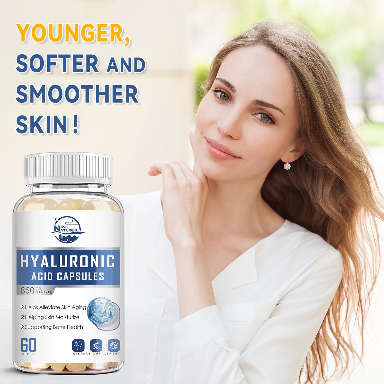 850mg Hyaluronic Acid Supplements for Joint Lubrication, Skin Hydration, Hair & Nails - 60 Softgels