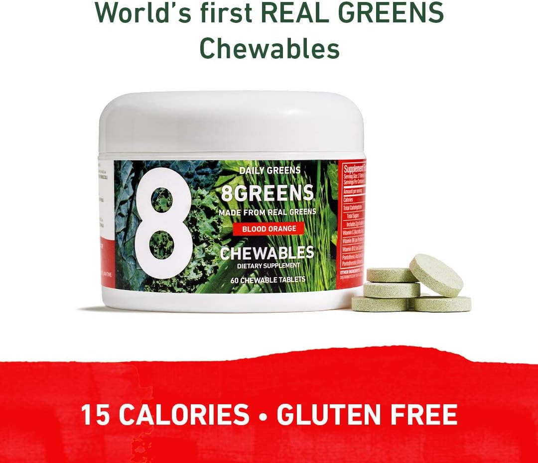 8Greens Green Chewables: Immunity & Energy Support, Real Greens Powder (Blood Orange, 60 Count)