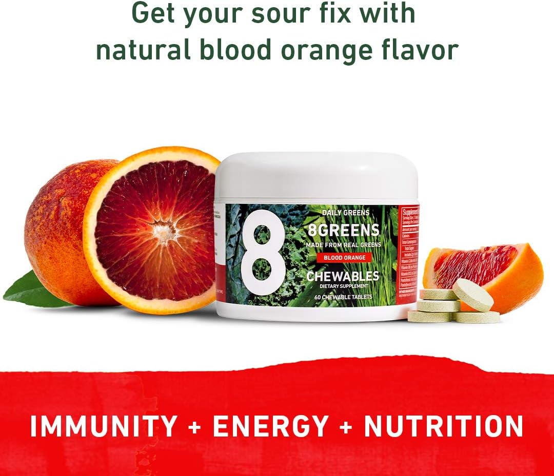 8Greens Green Chewables: Immunity & Energy Support, Real Greens Powder (Blood Orange, 60 Count)