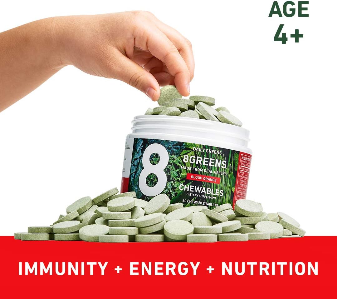 8Greens Green Chewables: Immunity & Energy Support, Real Greens Powder (Blood Orange, 60 Count)