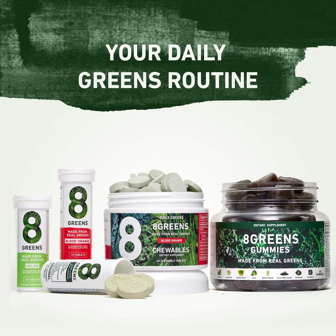 8Greens Green Chewables: Immunity & Energy Support, Real Greens Powder (Blood Orange, 60 Count)
