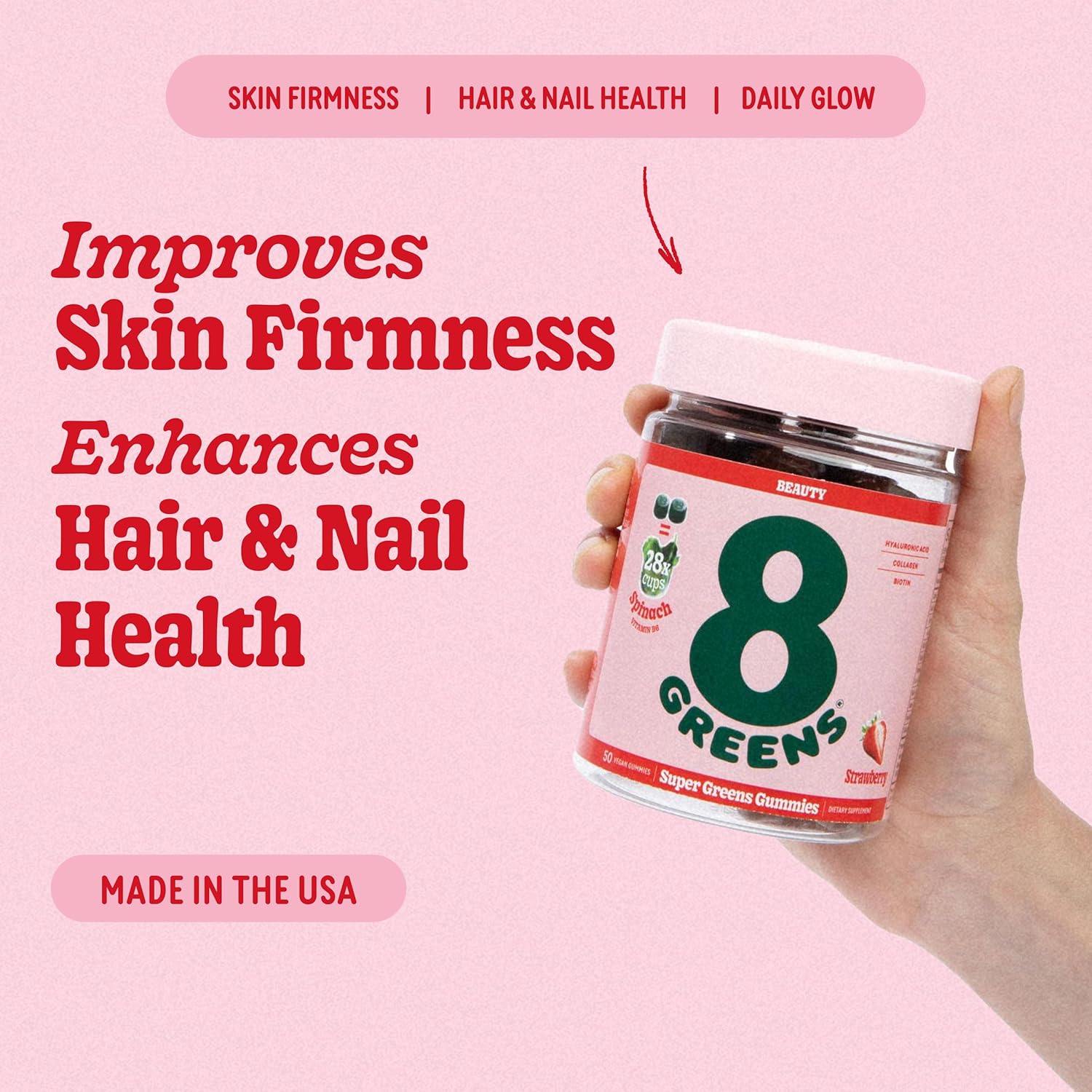 8Greens Superfood Beauty Gummies - Collagen & Biotin Infused for Skin, Hair, Nails - Strawberry Flavored