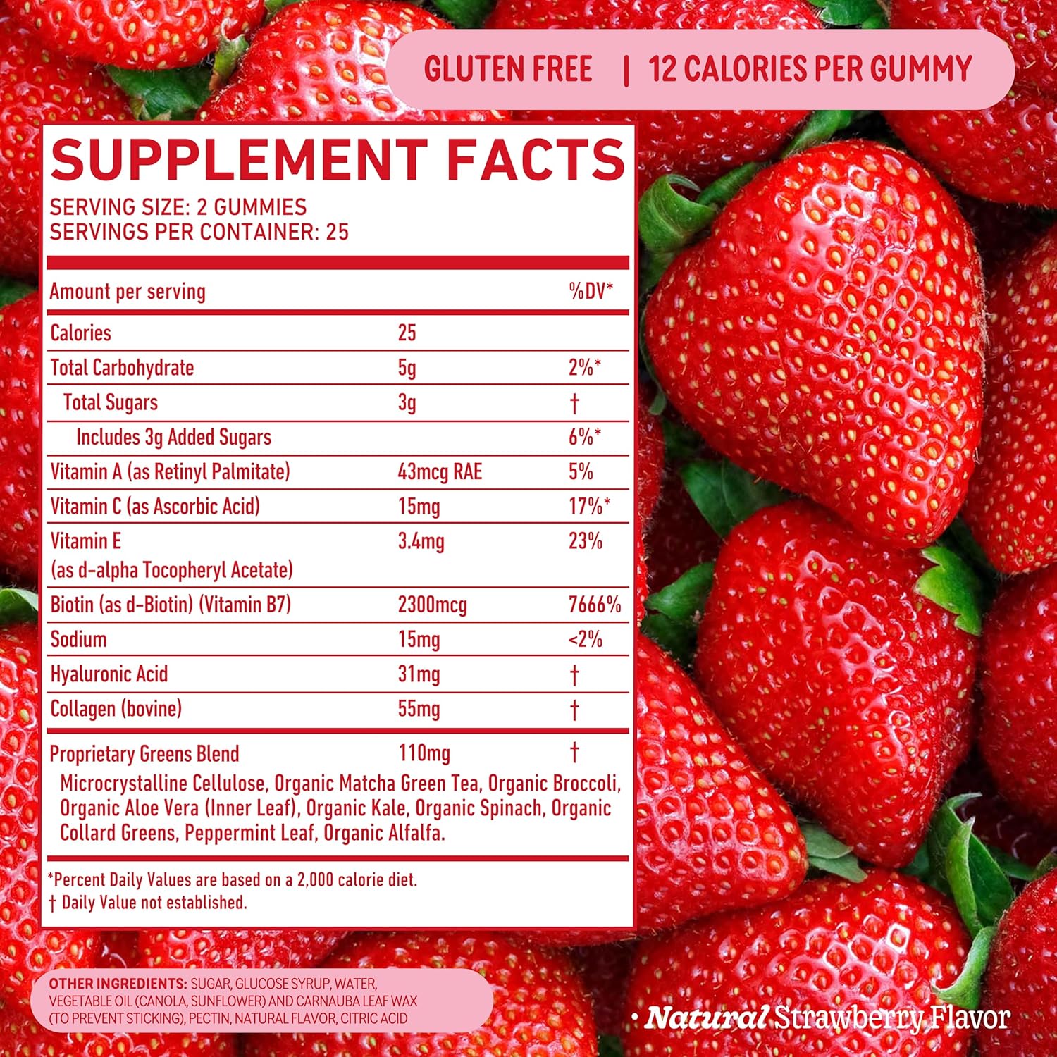 8Greens Superfood Beauty Gummies - Collagen & Biotin Infused for Skin, Hair, Nails - Strawberry Flavored