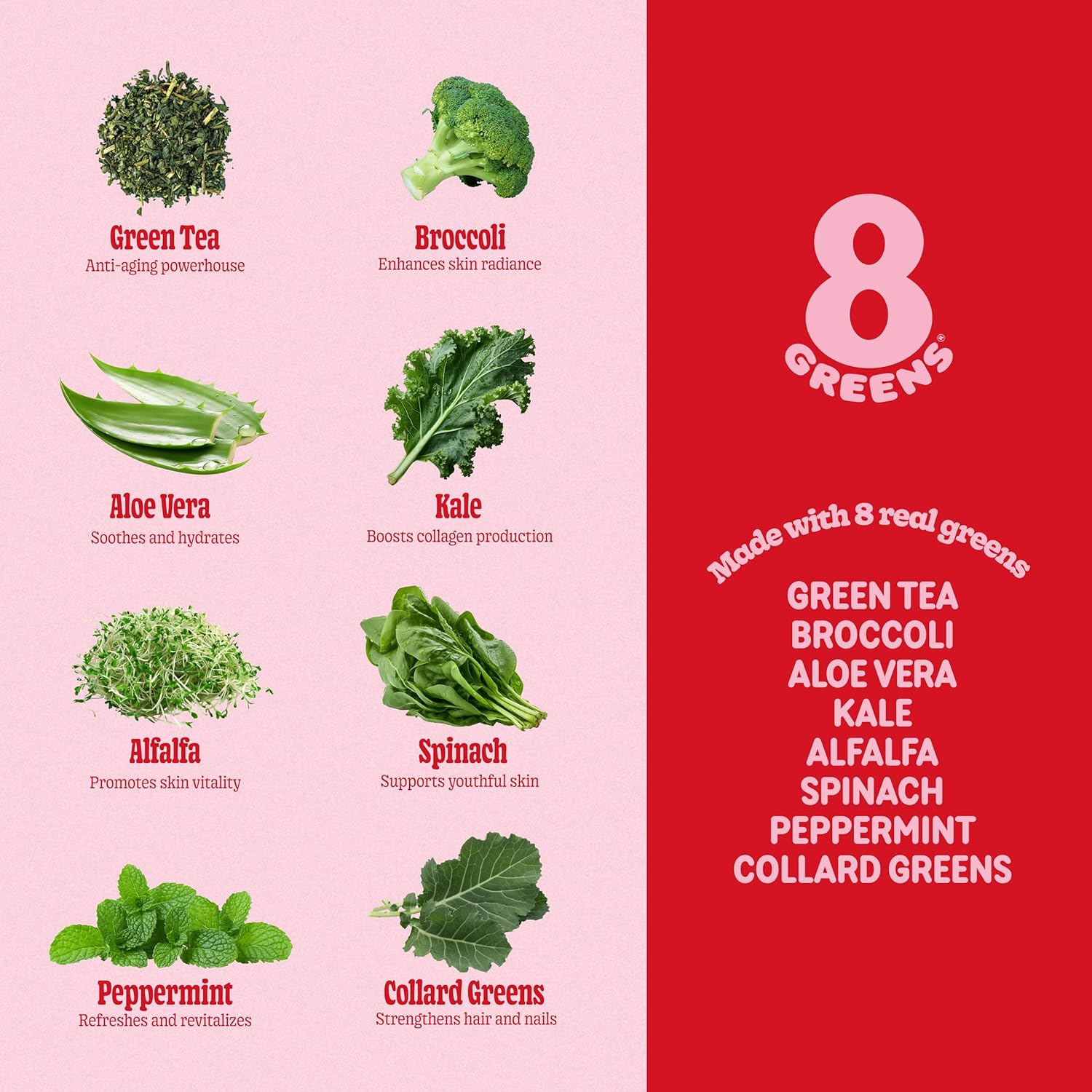 8Greens Superfood Beauty Gummies - Collagen & Biotin Infused for Skin, Hair, Nails - Strawberry Flavored