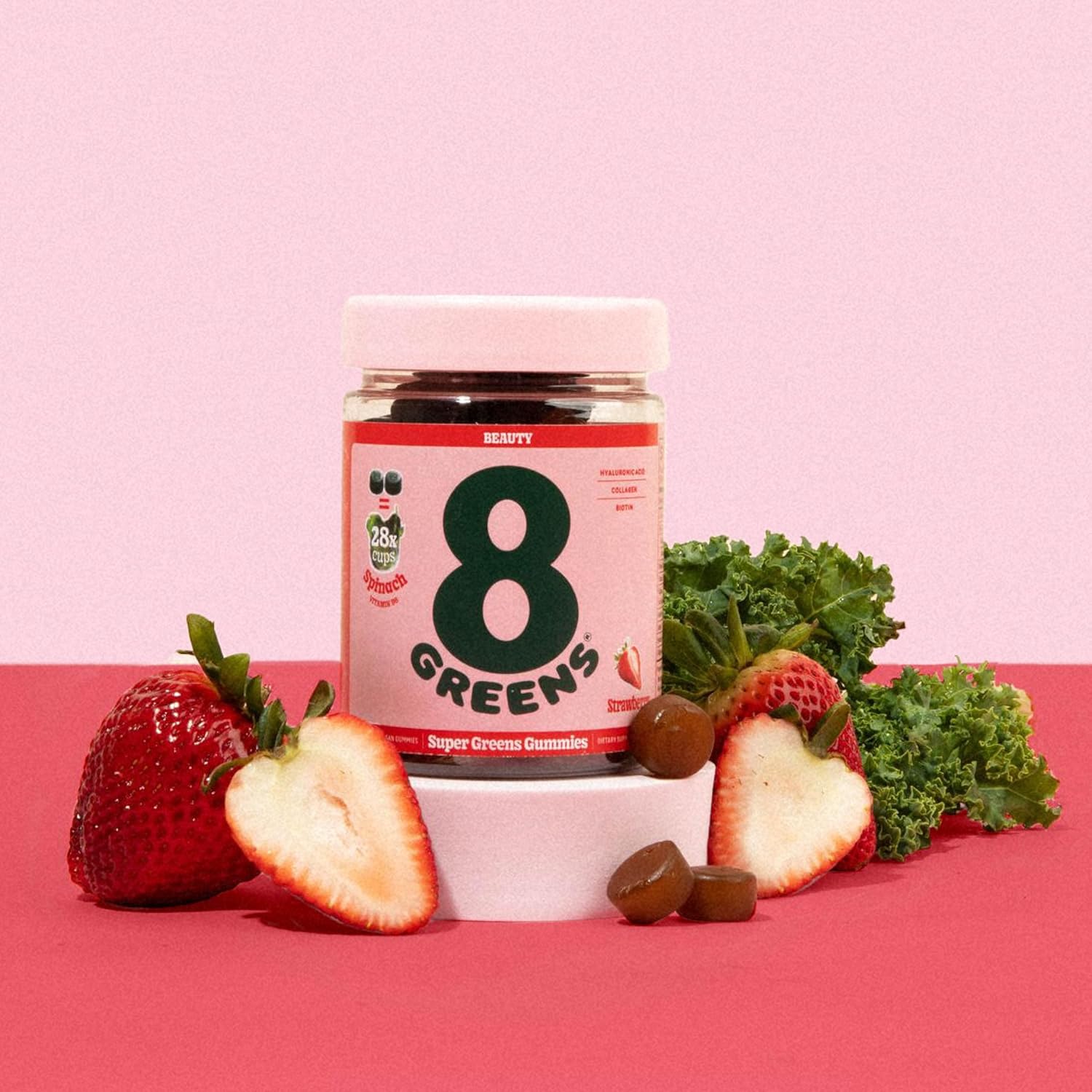 8Greens Superfood Beauty Gummies - Collagen & Biotin Infused for Skin, Hair, Nails - Strawberry Flavored