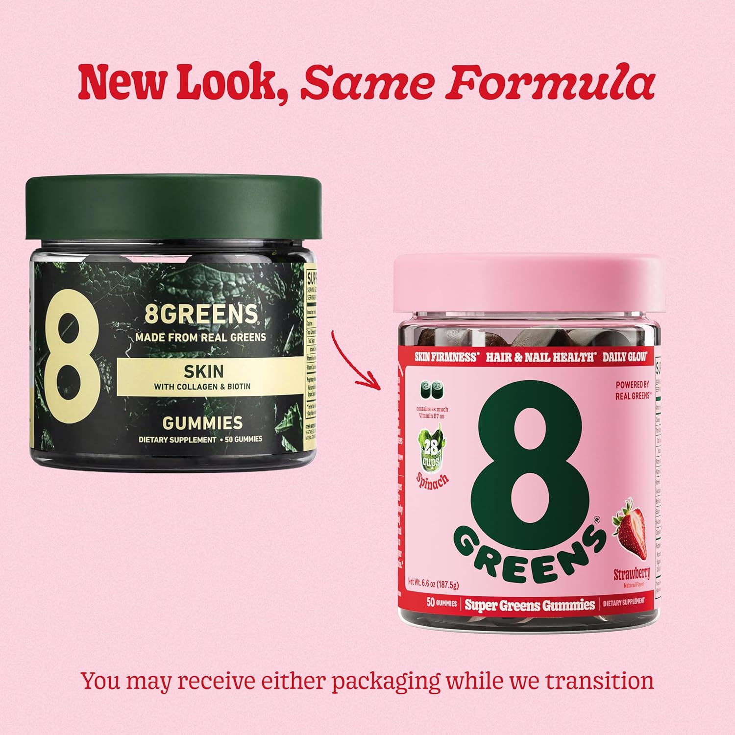 8Greens Superfood Beauty Gummies - Collagen & Biotin Infused for Skin, Hair, Nails - Strawberry Flavored