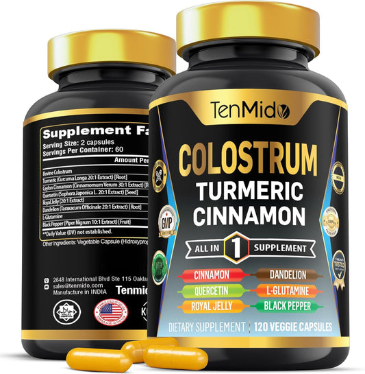 8in1 Colostrum Supplement with Turmeric, Ceylon Cinnamon, Quercetin, Royal Jelly, Dandelion, L-Glutamine, Black Pepper - 120 Capsules - Digestive Health Support