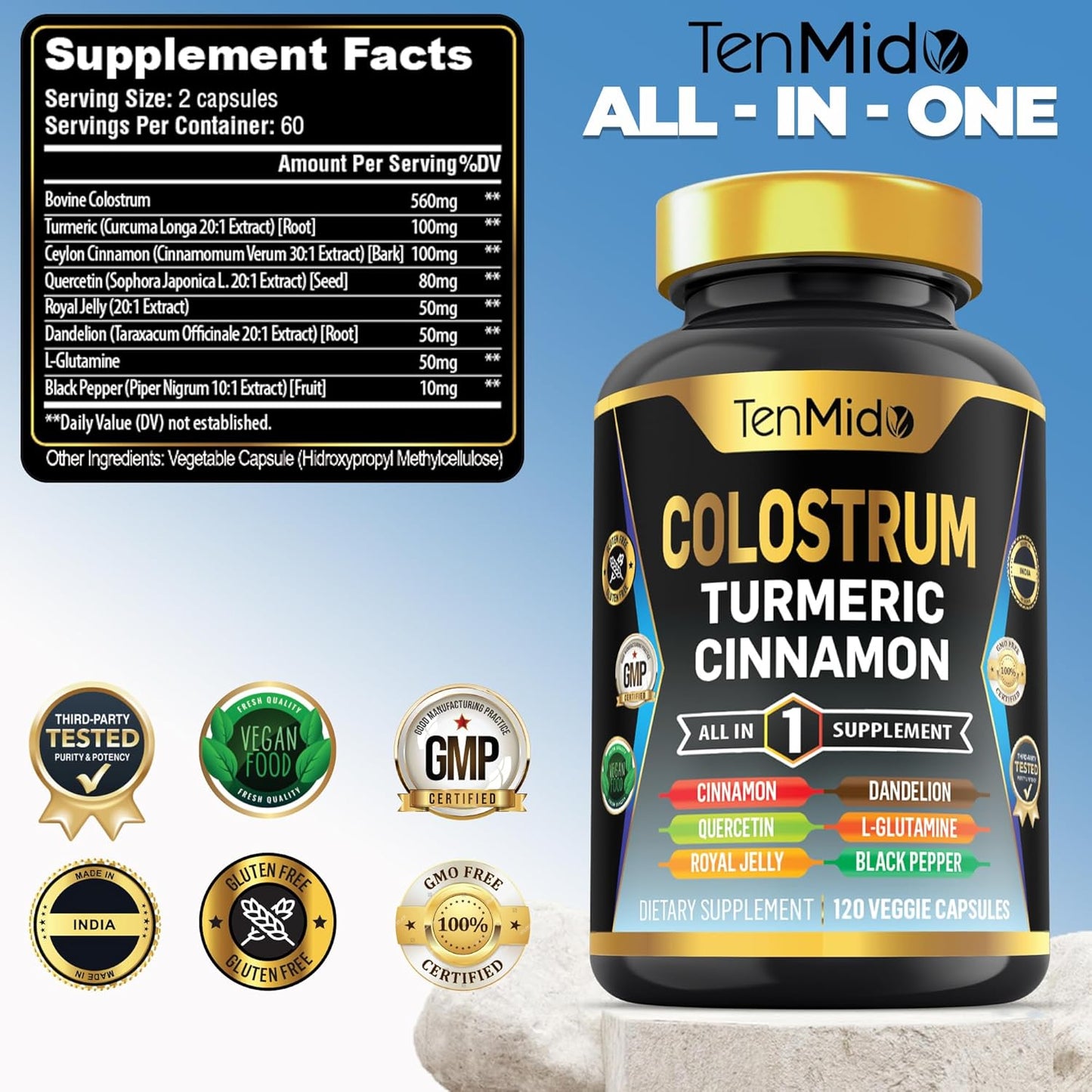 8in1 Colostrum Supplement with Turmeric, Ceylon Cinnamon, Quercetin, Royal Jelly, Dandelion, L-Glutamine, Black Pepper - 120 Capsules - Digestive Health Support