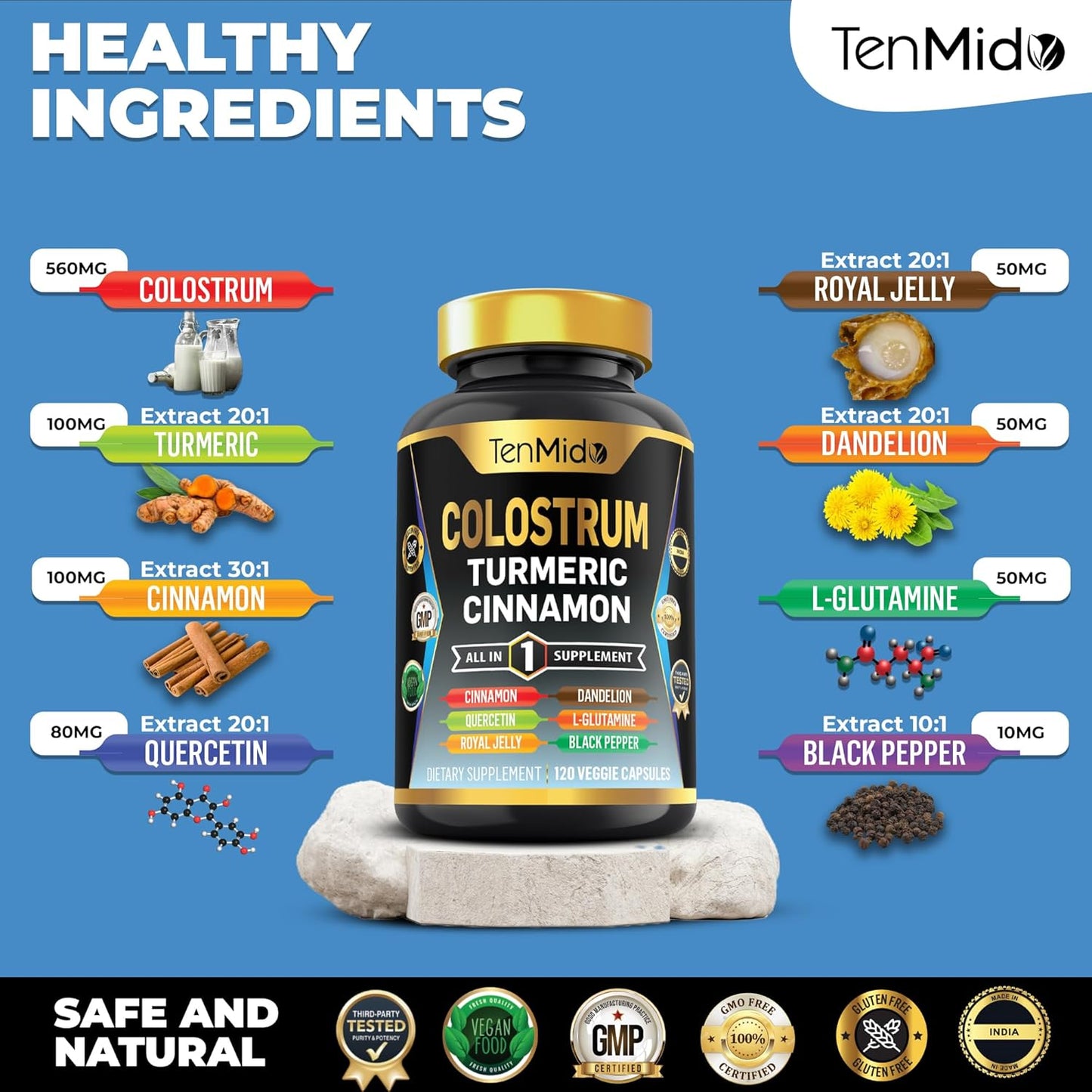 8in1 Colostrum Supplement with Turmeric, Ceylon Cinnamon, Quercetin, Royal Jelly, Dandelion, L-Glutamine, Black Pepper - 120 Capsules - Digestive Health Support