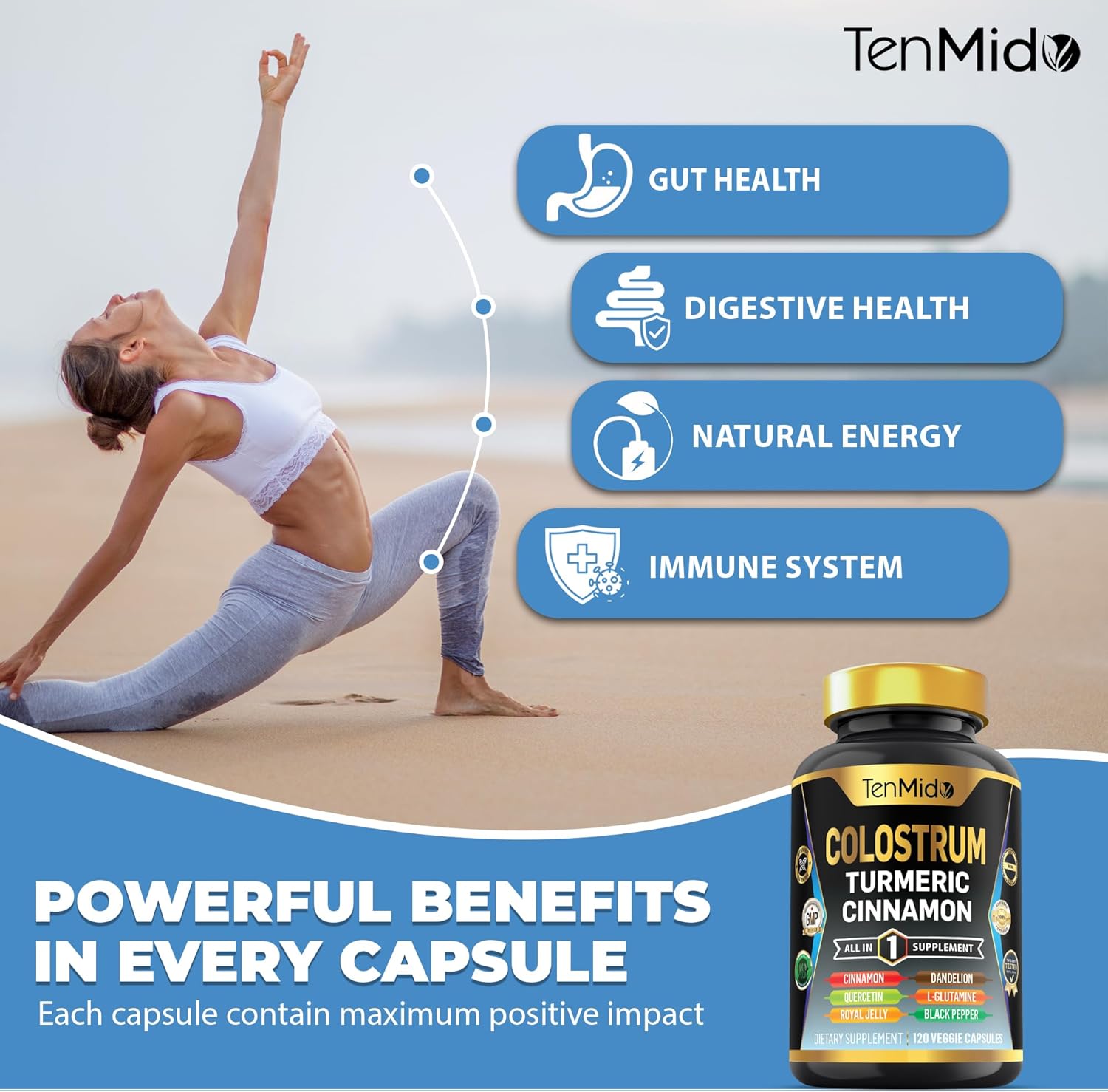 8in1 Colostrum Supplement with Turmeric, Ceylon Cinnamon, Quercetin, Royal Jelly, Dandelion, L-Glutamine, Black Pepper - 120 Capsules - Digestive Health Support