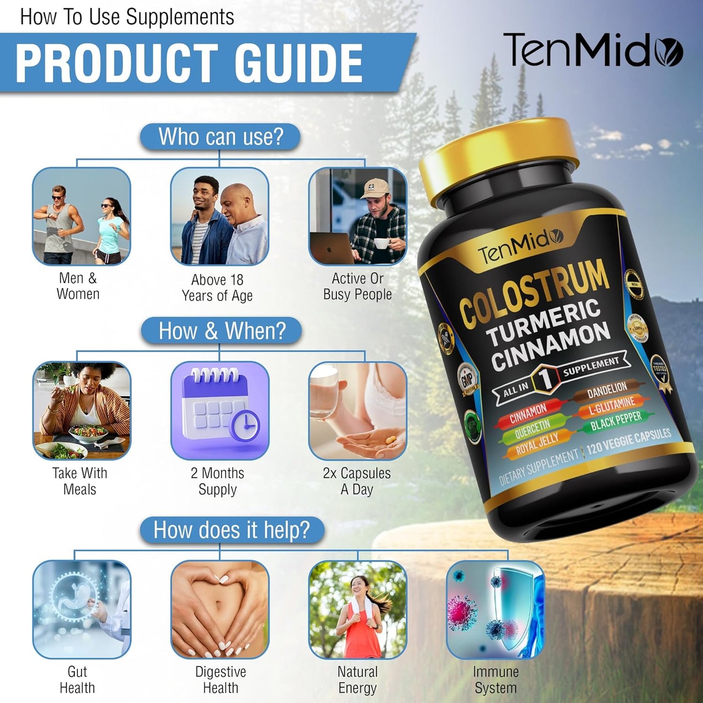 8in1 Colostrum Supplement with Turmeric, Ceylon Cinnamon, Quercetin, Royal Jelly, Dandelion, L-Glutamine, Black Pepper - 120 Capsules - Digestive Health Support