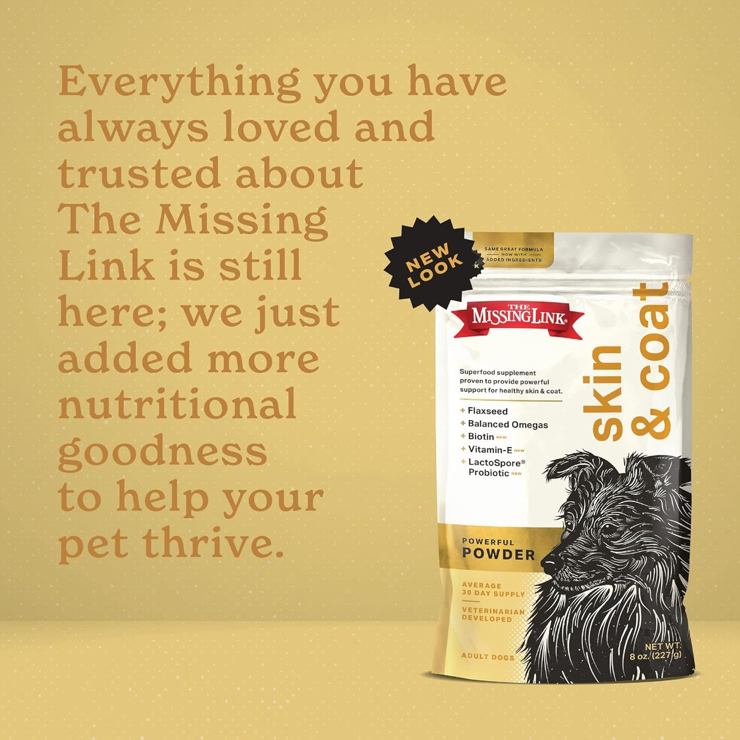 8oz Bag of The Missing Link Skin & Coat + Probiotics Supplement for Dogs - Superfood Powder Promotes Healthy Skin, Coat, & Hair Growth