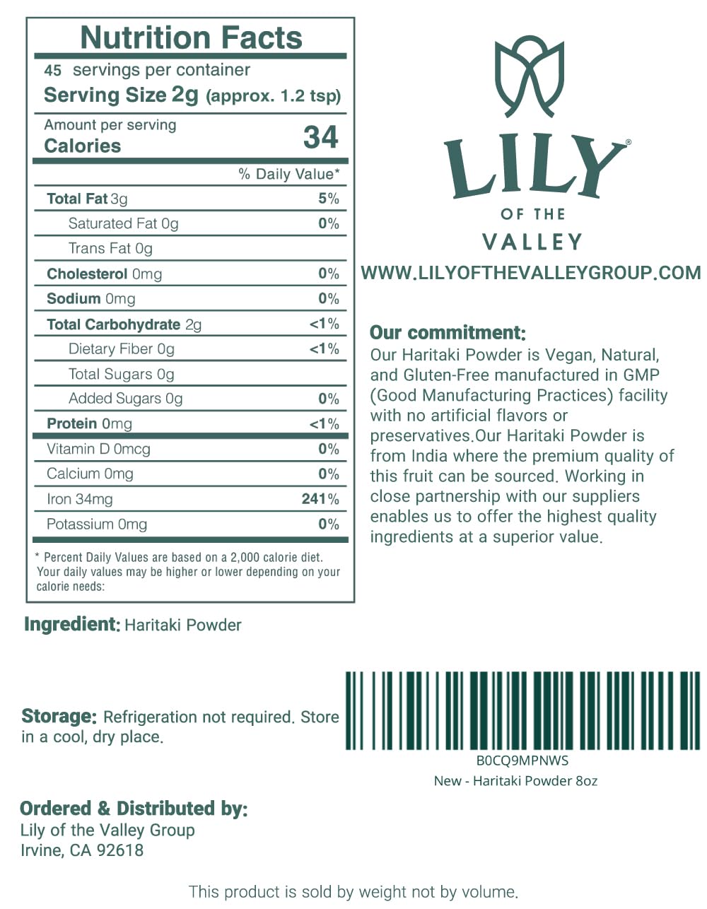 8oz Lily of the Valley Haritaki Powder from India - Terminalia Chebula Ayurvedic Herb - Vegan, Gluten-Free, 100% Natural - No Preservatives