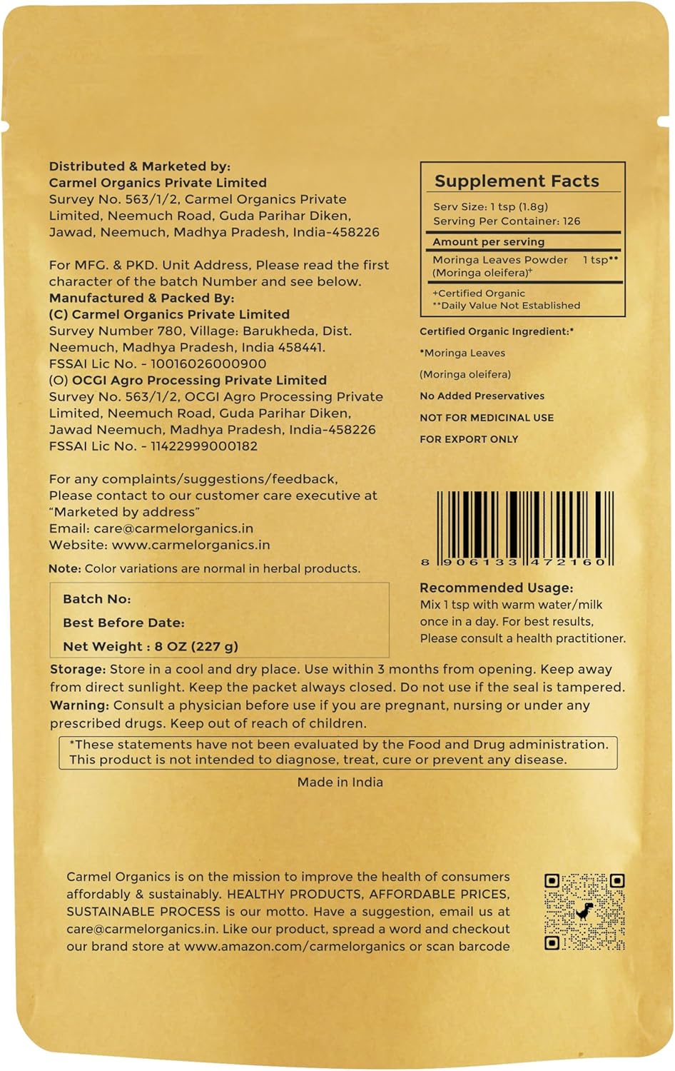 8oz Non-GMO Moringa Leaves Powder | Organic Superfood for Smoothies & Drinks | Pure & Natural Moringa Oleifera Powder | No Preservatives
