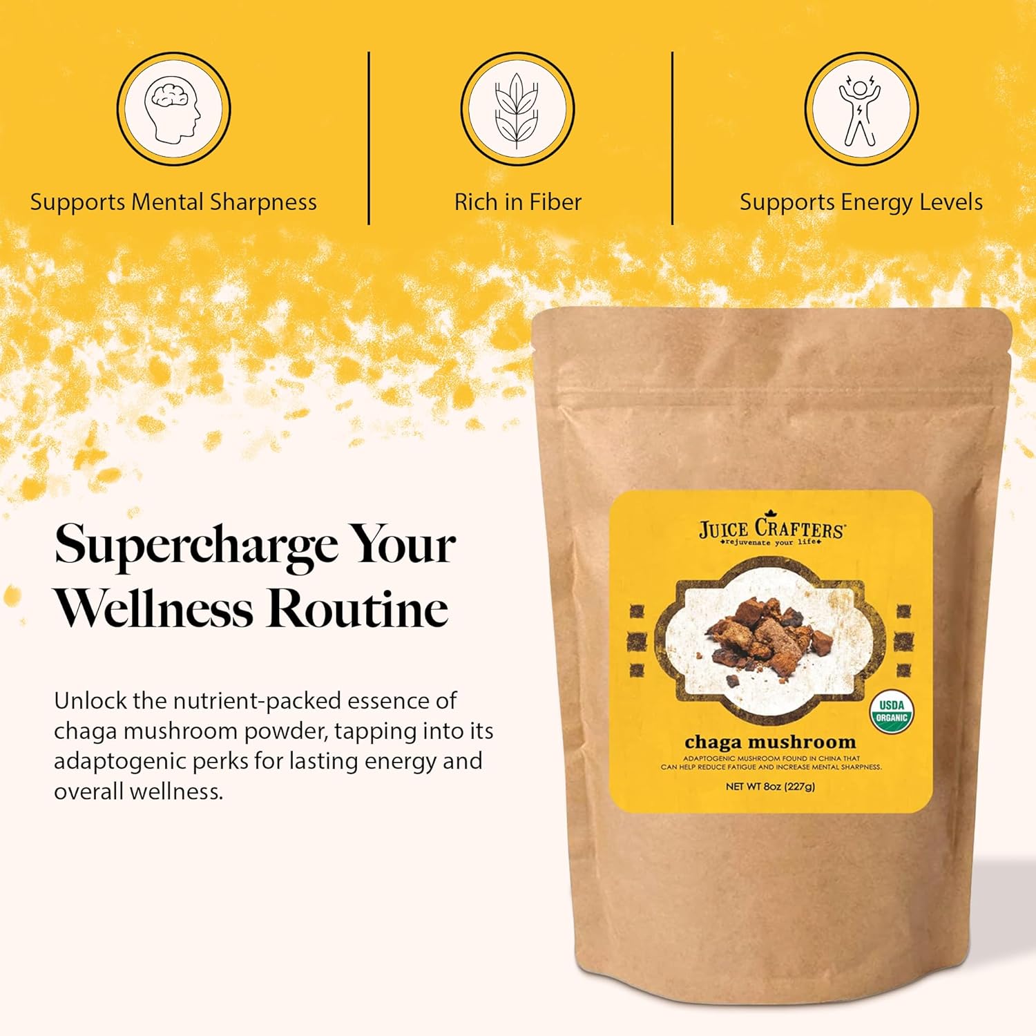 8oz Organic Chaga Mushroom Powder - Vegan Superfood Supplement for Smoothies & Baked Goods - Kosher Adaptogen Powder by Juice Crafters