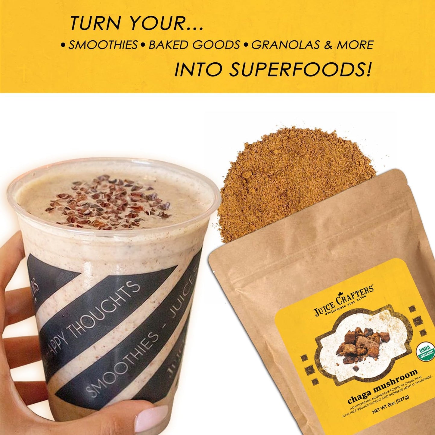 8oz Organic Chaga Mushroom Powder - Vegan Superfood Supplement for Smoothies & Baked Goods - Kosher Adaptogen Powder by Juice Crafters