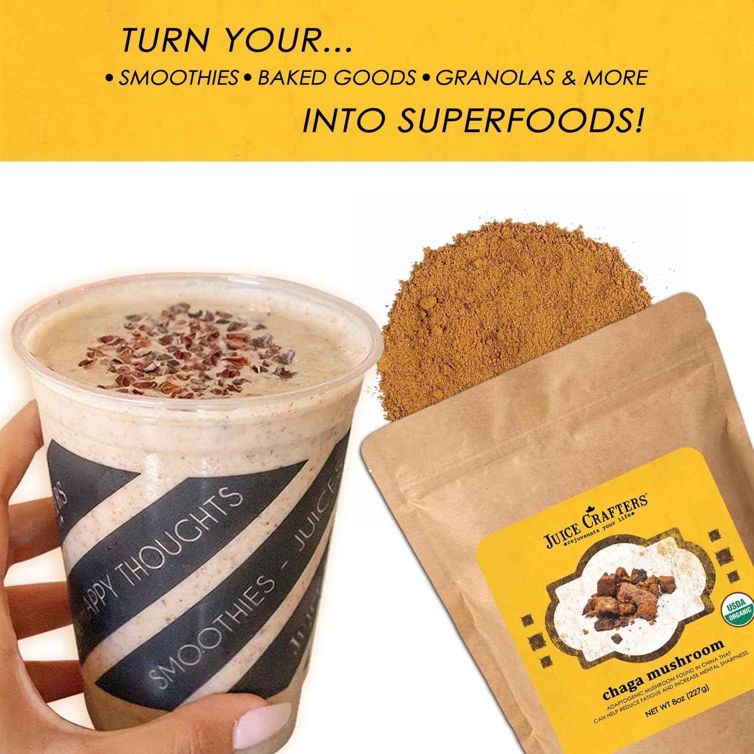 8oz Organic Chaga Mushroom Powder - Vegan Superfood Supplement for Smoothies & Baked Goods - Kosher Adaptogen Powder by Juice Crafters