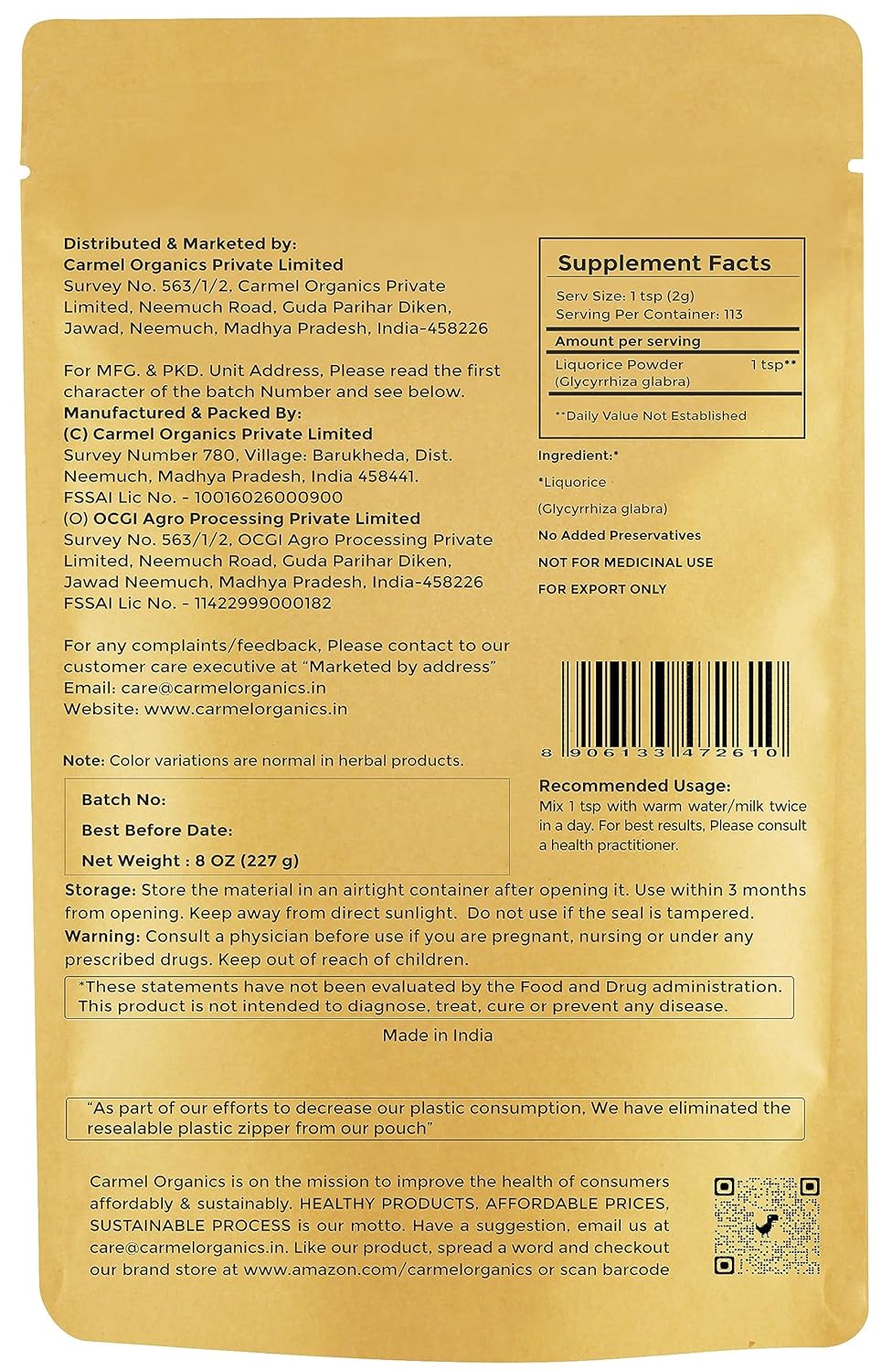 8oz Organic Licorice Root Powder - Herbal Supplement for Digestion | Natural Sweetener | Non-GMO with No Preservatives