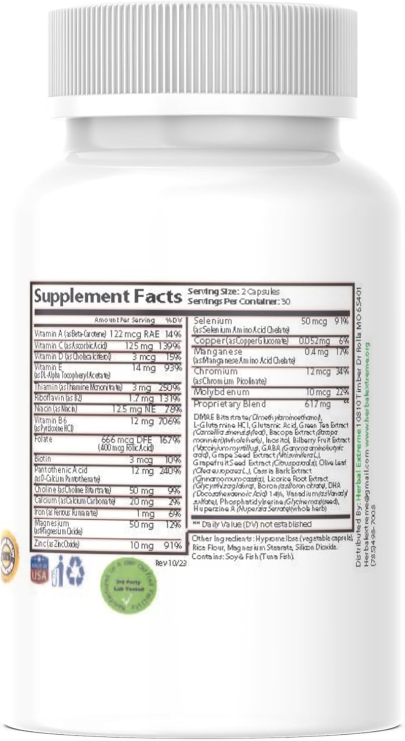 90 Capsules Herbal Brain Focus Nootropics Formula with DMAE, L-Glutamine, L-Tyrosine, GABA, Bacopa - White